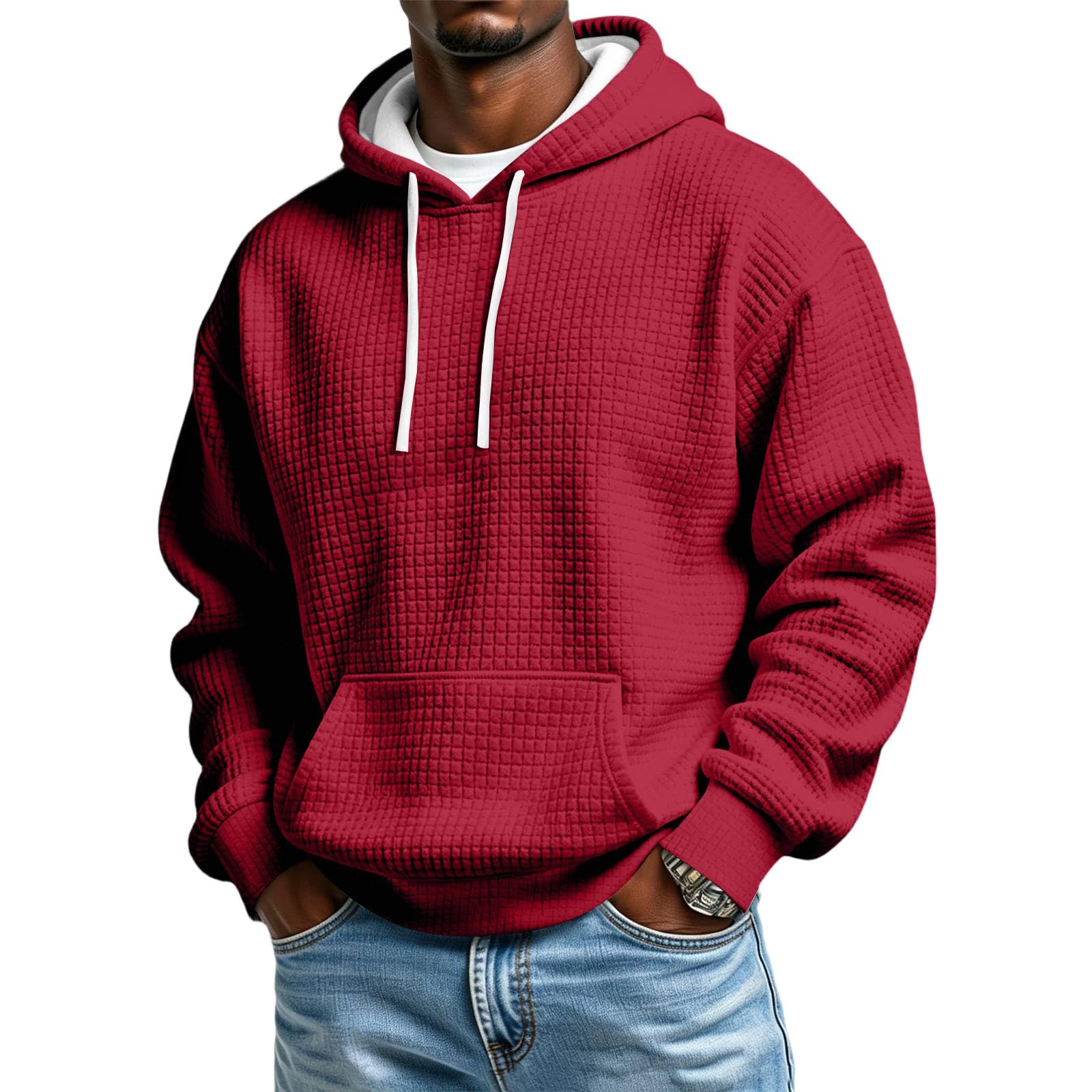 Waffle Hoodie Men Plus Size Fleece Pullover Oversized Hooded Sweatshirt