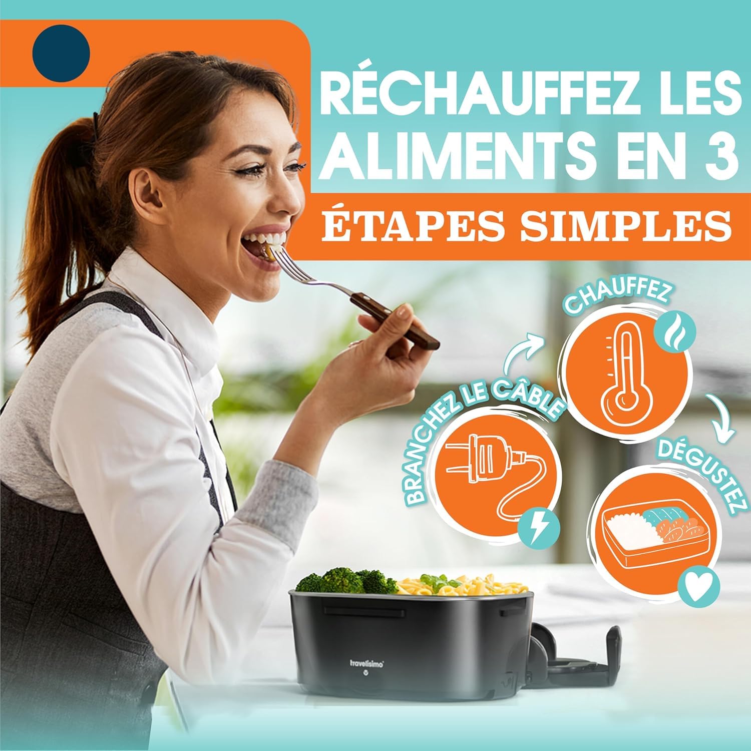 TRAVELISIMO Gamelle Chauffante 100W Lunch Box Chauffante 1,5L Boite Alimentaire Chauffante 3 en 1 220V 24V 12V, Bento Isotherme Chaud, Acier Inoxydable, Rechauffer Repas pour Voyage et Bureau