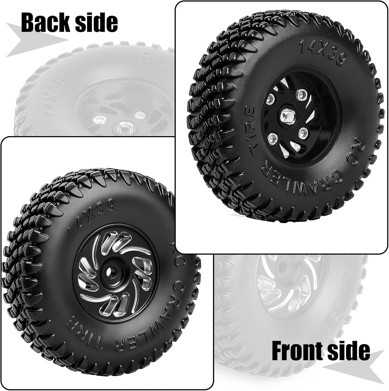 0.7" Beadlock Wheels Tires Set for Axial SCX30 Upgrades, 39 * 14mm, CNC Aluminum Wheel Brass Outer Rim and Tires with Foam Inserts Replacement for 1/30 RC Crawler Car Ford Bronco K10, Black