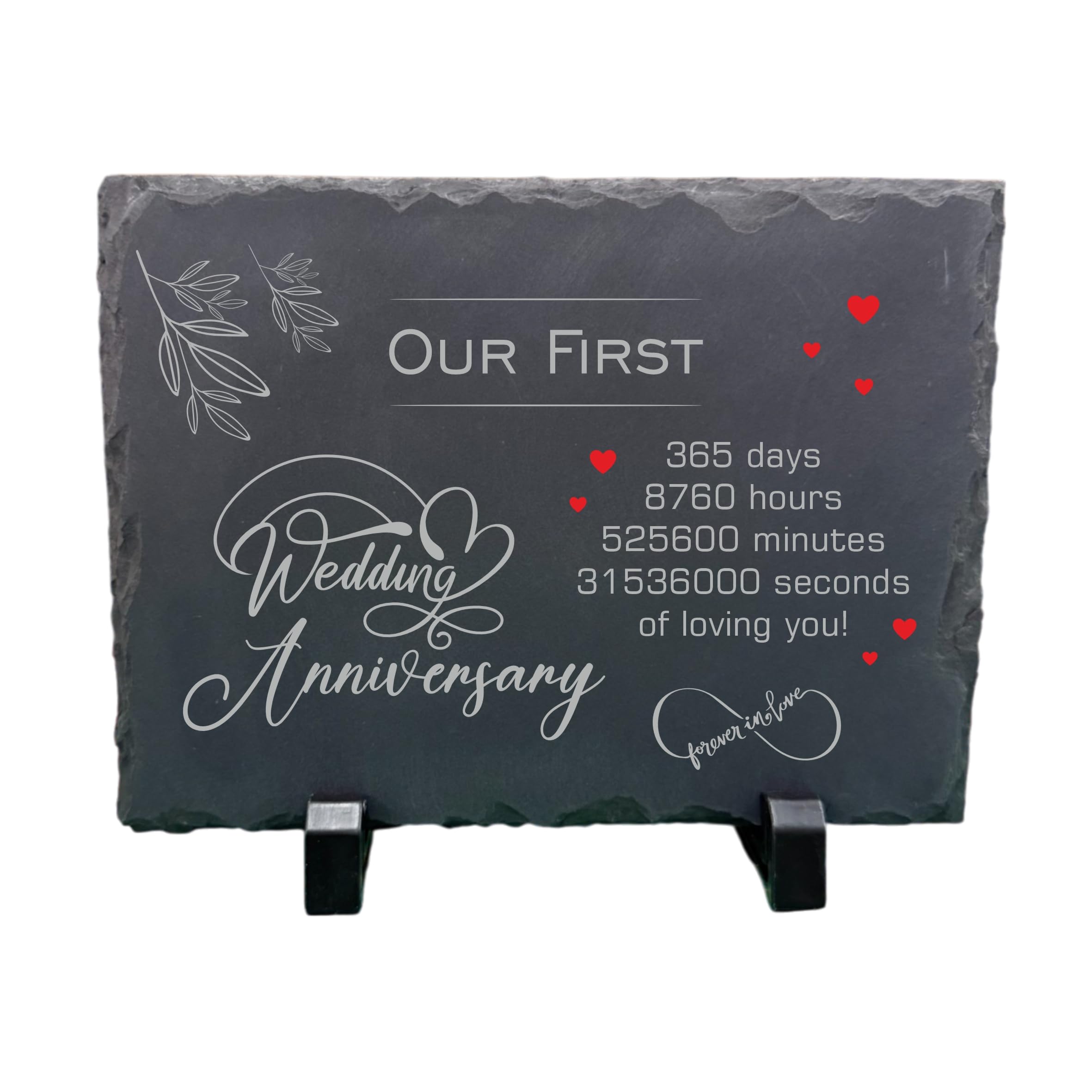 1st Wedding Anniversary Slate – Handcrafted Natural Stone Plaque with Stand – Romantic First Year Keepsake – 365 Days of Love – Forever in Love Design - 20cm x 15cm