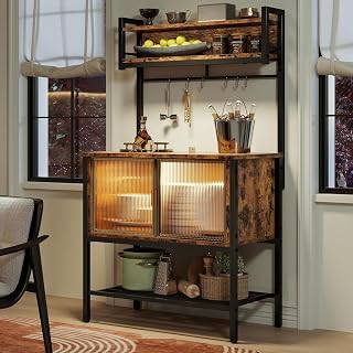 Bestier Coffee Bar with Storage, 5 Tier Microwave Stand with LED Lights, Kitchen Bakers Rack with Cabinet, Heavy Duty Storage Shelves for Kitchen Garage Pantry(Rustic Brown) | with Storage