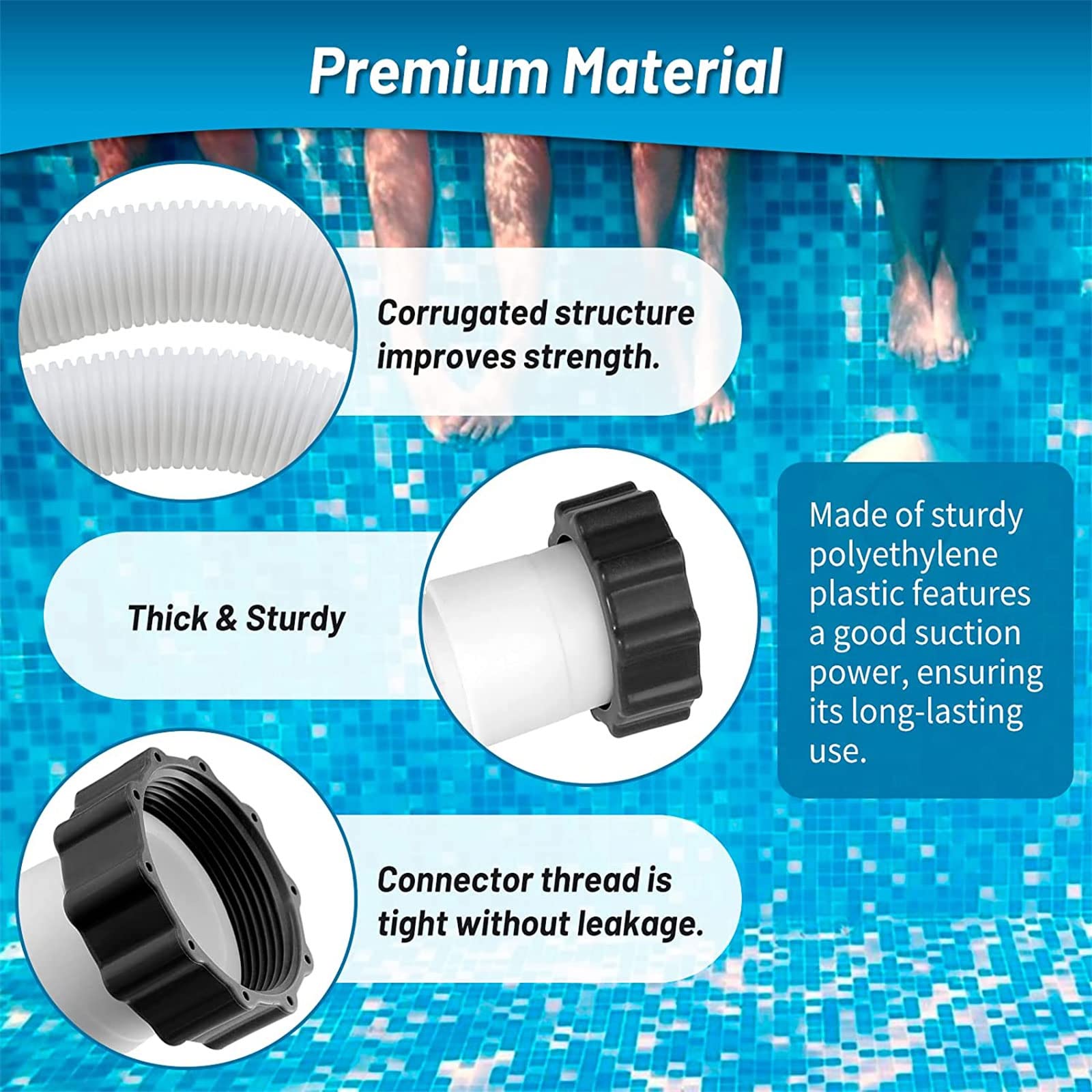59" langer Schwimmbadschlauch für Intexx Filterpumpen, Sandfilter, Salzwassersysteme mit einer Kapazität von 1.500 bis 2.500 GPH Rohrsandfilterpumpe für oberirdische Poolteile, mit Vakuum