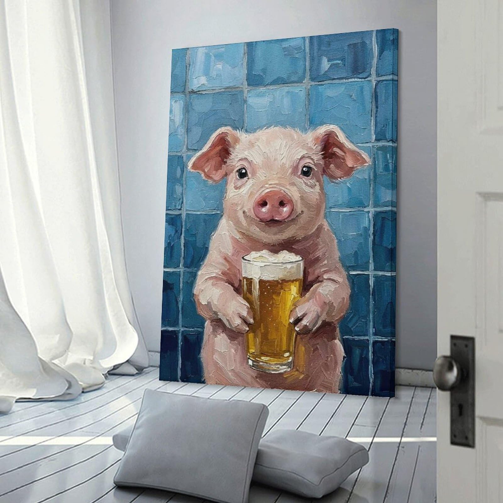 Junmoney Pig with Beer Painting Canvas Art Print 20x30inch(50x75cm), for New Homes, Bedrooms Or Workspaces, Gift Idea for Housewarming And Birthdays