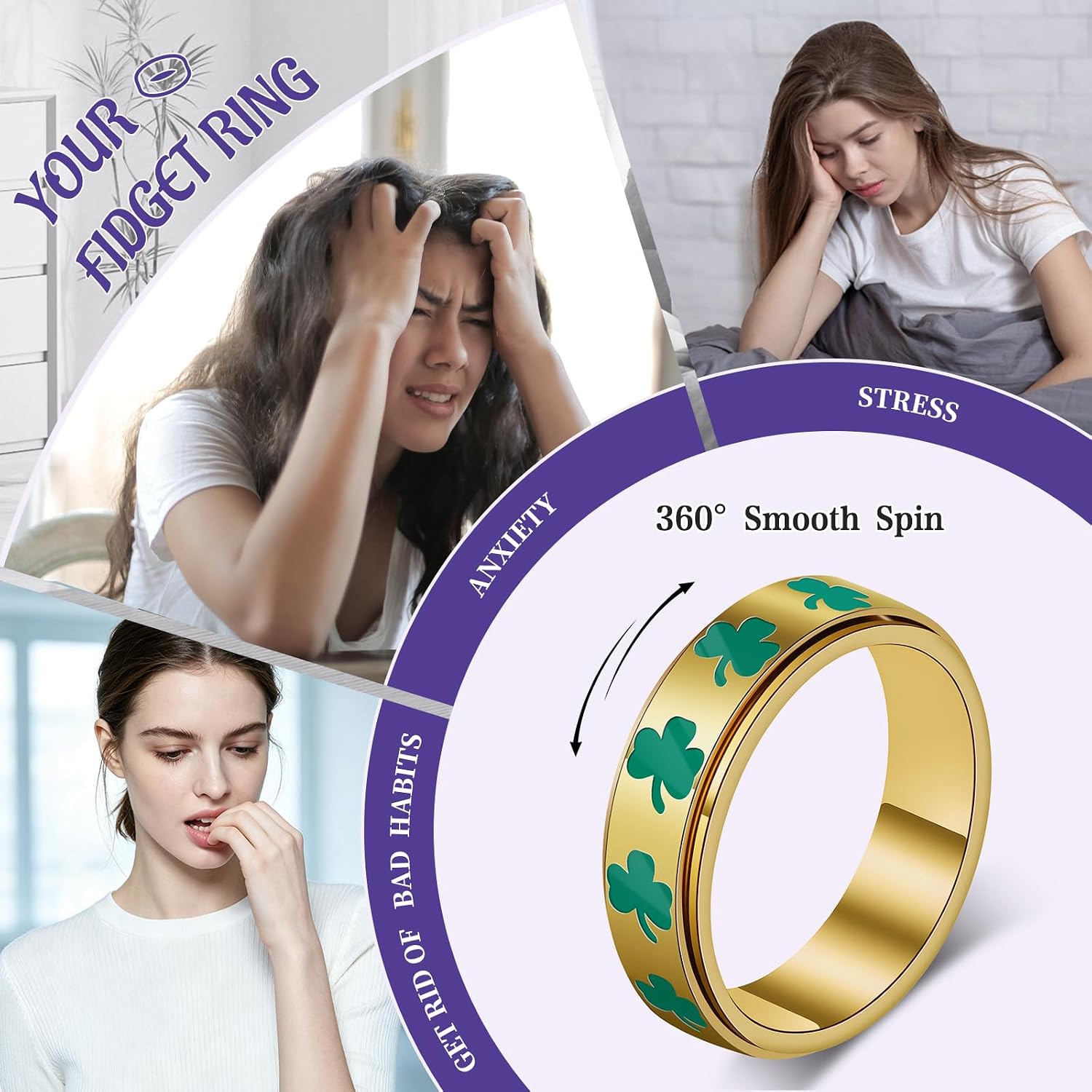 Lucky Clover Fidget Ring - Stainless Steel Spinner Rings for Women image 2