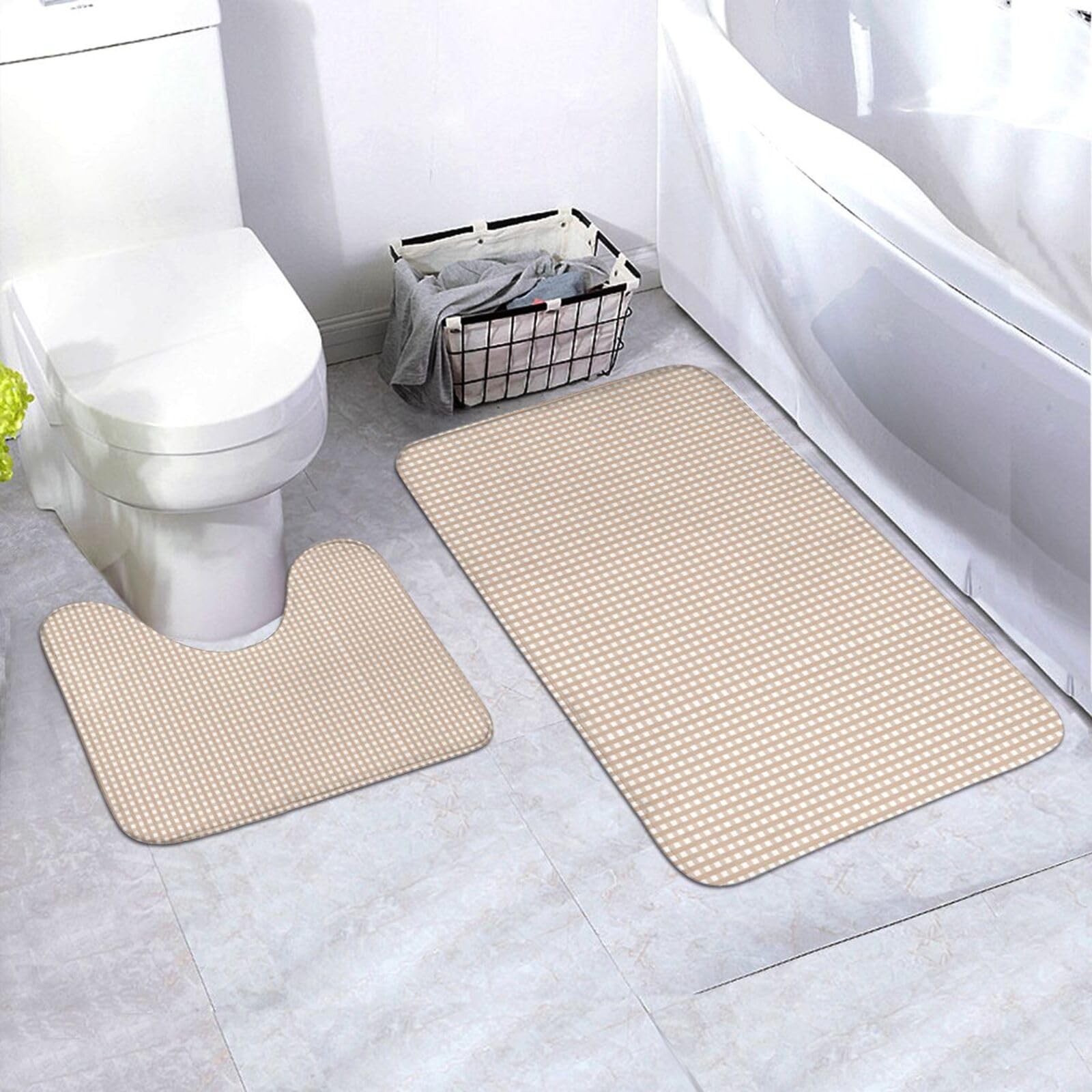 Zestaw miękkich brązowych dywaników łazienkowych w kratkę – 2 sztuki mat z pianki z pamięcią kształtu, zmywalna mata pod toaletę i 89 cm x 61 cm, stylowa dekoracja domu dla komfortu i bezpieczeństwa