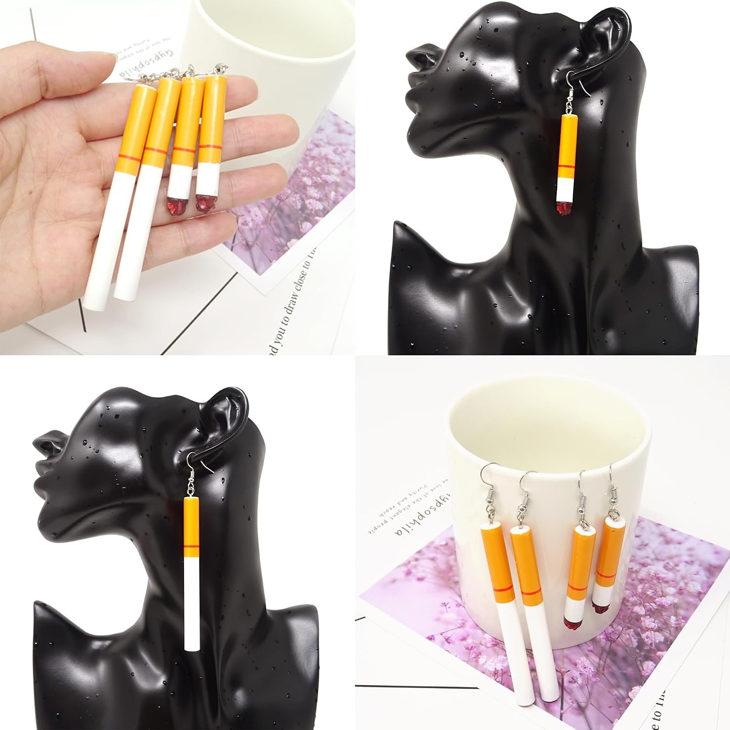 Honbay 2 Pairs Creative Funny Cigarette Butt Dangle Earrings - Wacky Lifelike Cigarette Earrings for Unisex, Cool Punk & Halloween
