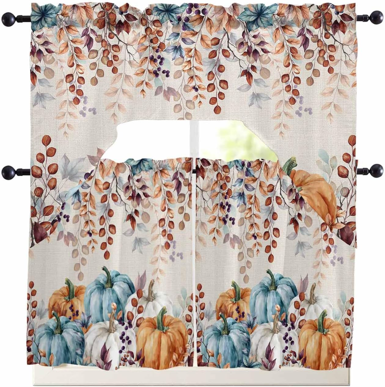 Fall Thanksgiving Kitchen Curtains Sets 24 Inch Length with Valance, Blue Orange White Pumpkin Swag Valances for Windows and Tiers Curtain Set, Eucalyptus Leaves Drapes for Living Room, Cafes