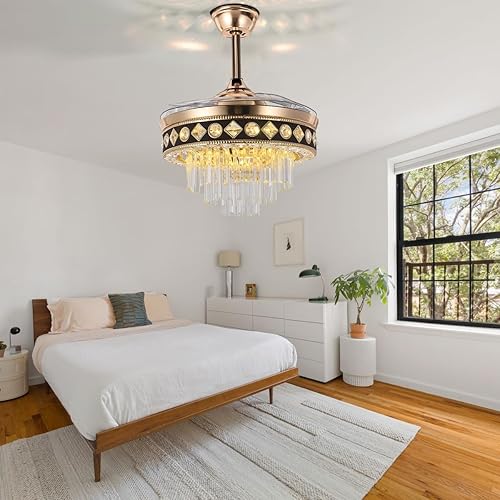 Miniatura 3 de MORE CHANGE Ventilador de techo retráctil moderno de 42 pulgadas con luz y control remoto, ventilador de techo de cristal dorado con aspas