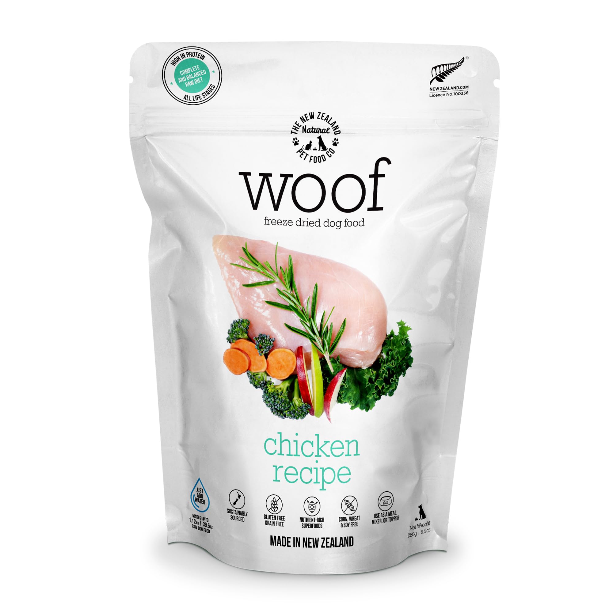 The New Zealand Natural Pet Food Co WOOF Freeze Dried Dog Food - Chicken Recipe, High Protein Dog Treats & Snacks, Dog Food Toppers & Meals, 9.9 oz