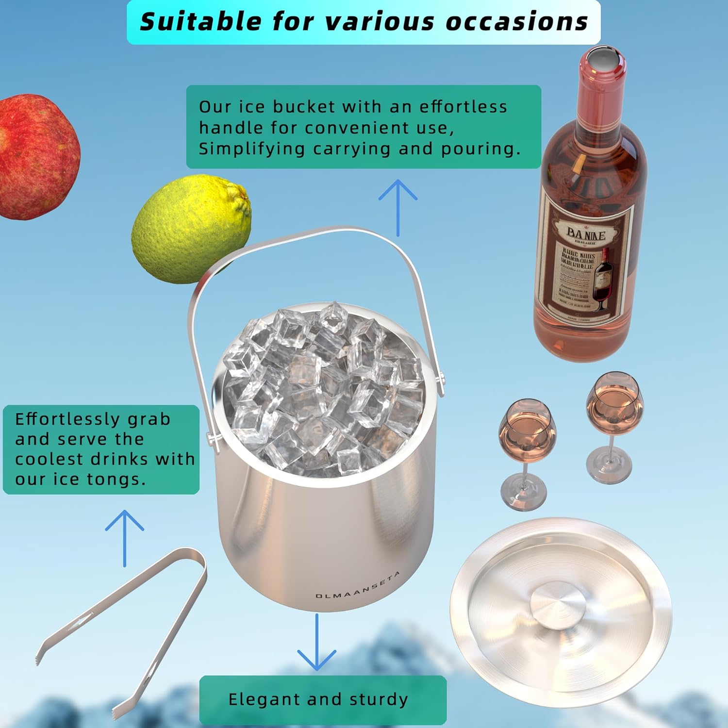 Stainless Steel Ice Bucket For Parties With Lid And Ice Tongs,Insulated Wine Bucket With Strainer Keeps Drinks Cold And Ice Cube From Melting - Image 6