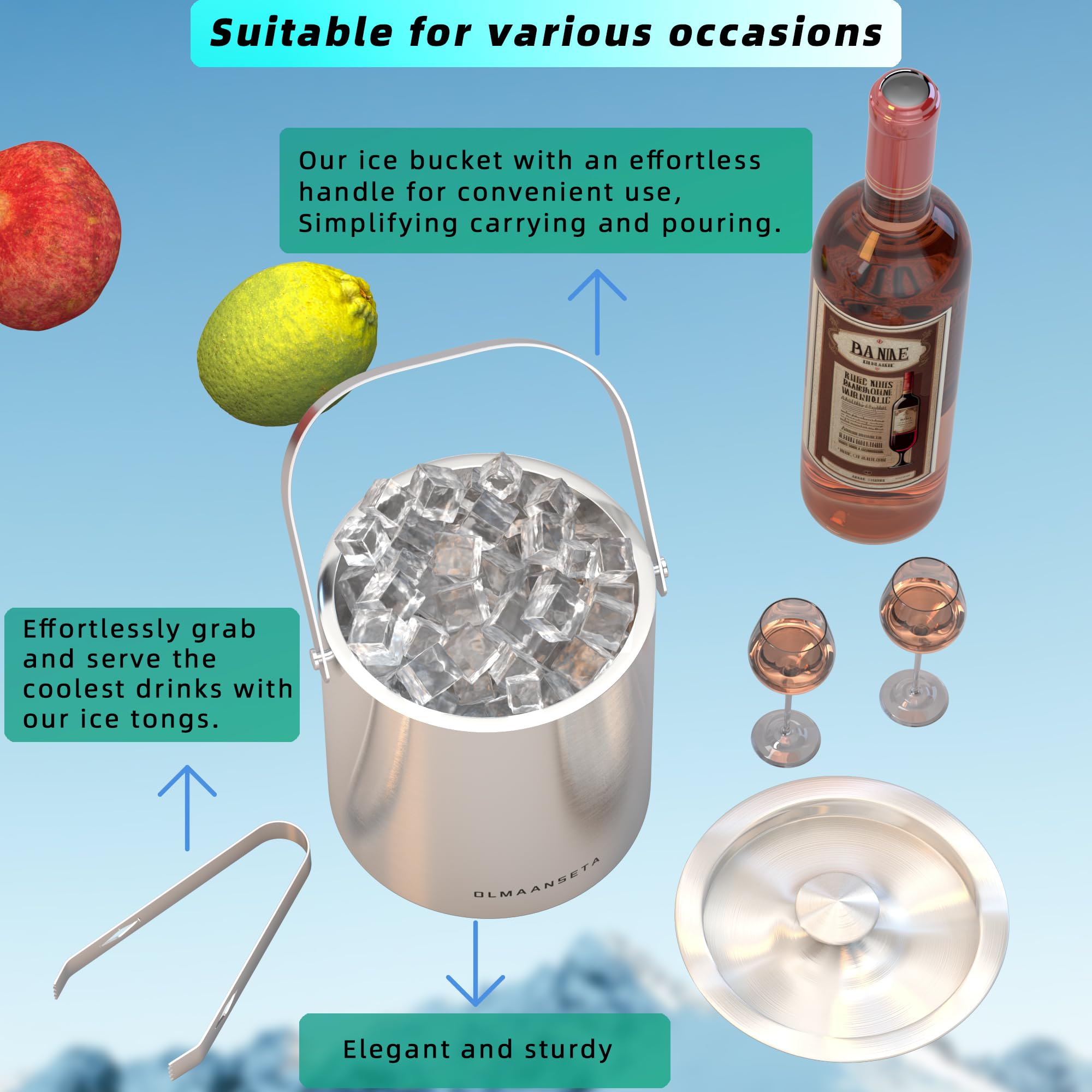 Edelstahl-Eiskübel für Partys mit Deckel und Eiszange, isolierter Weineimer hält Getränke kalt und Eiswürfel vor dem Schmelzen (3 l)