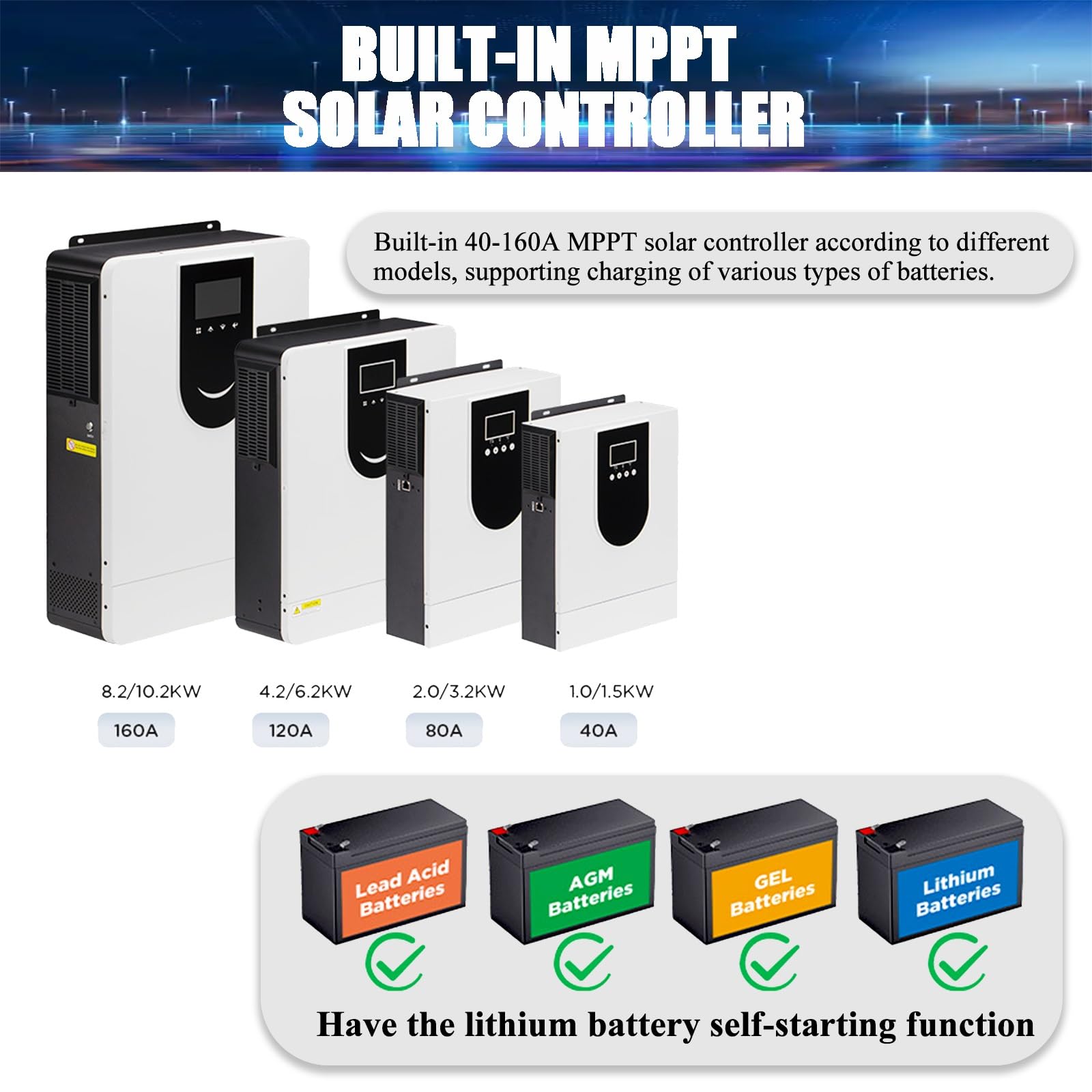 Hybrid Solar Inverter (1.0-10.2KW), 12V 24V 48V Pure Sine Wave Inverter, Off Grid Hybrid Inverter Charger, LCD Display, with 40/80/120/160A MPPT Solar Charge Controller(1.0KW/12V)