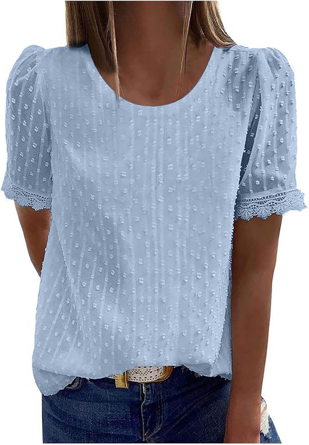 Womens Swiss Dot Short Sleeve Blouses Lace Trim Crewneck Lightweight Elegant Top for Work Office Casual Summer Shirts