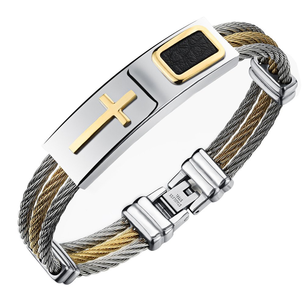 PAUROMens Stainless Steel Cable Wire Twisted Rope Cross Bangle Bracelet Multi Colors