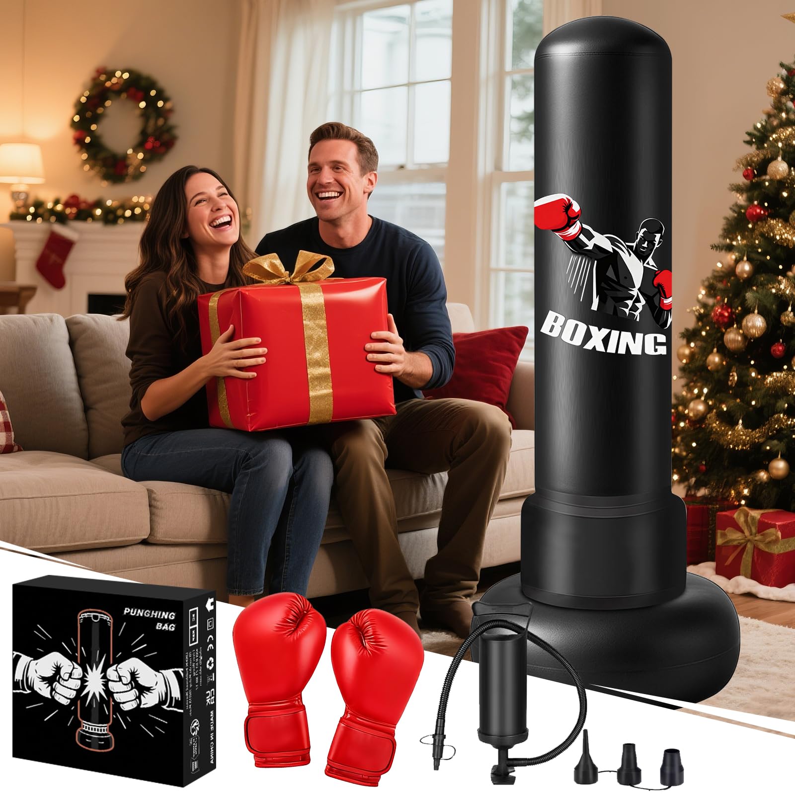 Ninonly Saco de Boxeo para Adultos 190cm Saco de Boxeo Inflable Pesado con Guantes de Boxeo, Bomba y Pelota de Reflejos,Base Grande Mejorado para Hombres y Mujeres,Entrenamiento MMA Muay Thai Fitness