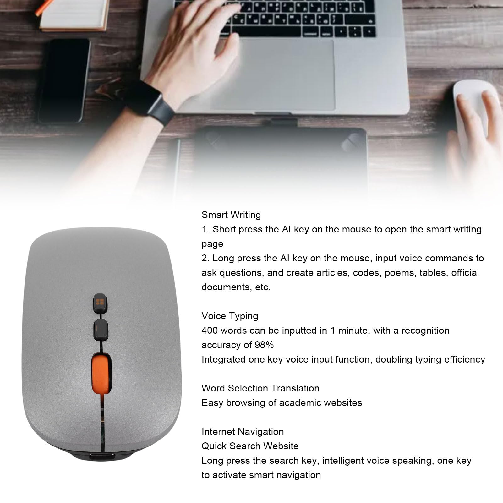GOWENIC KI-Maus, Intelligentes Schreiben, Spracheingabe und Übersetzung mit Bluetooth 5.0-Funkverbindung, für 10/11 und Mac OS Laptop/Desktop-Computer