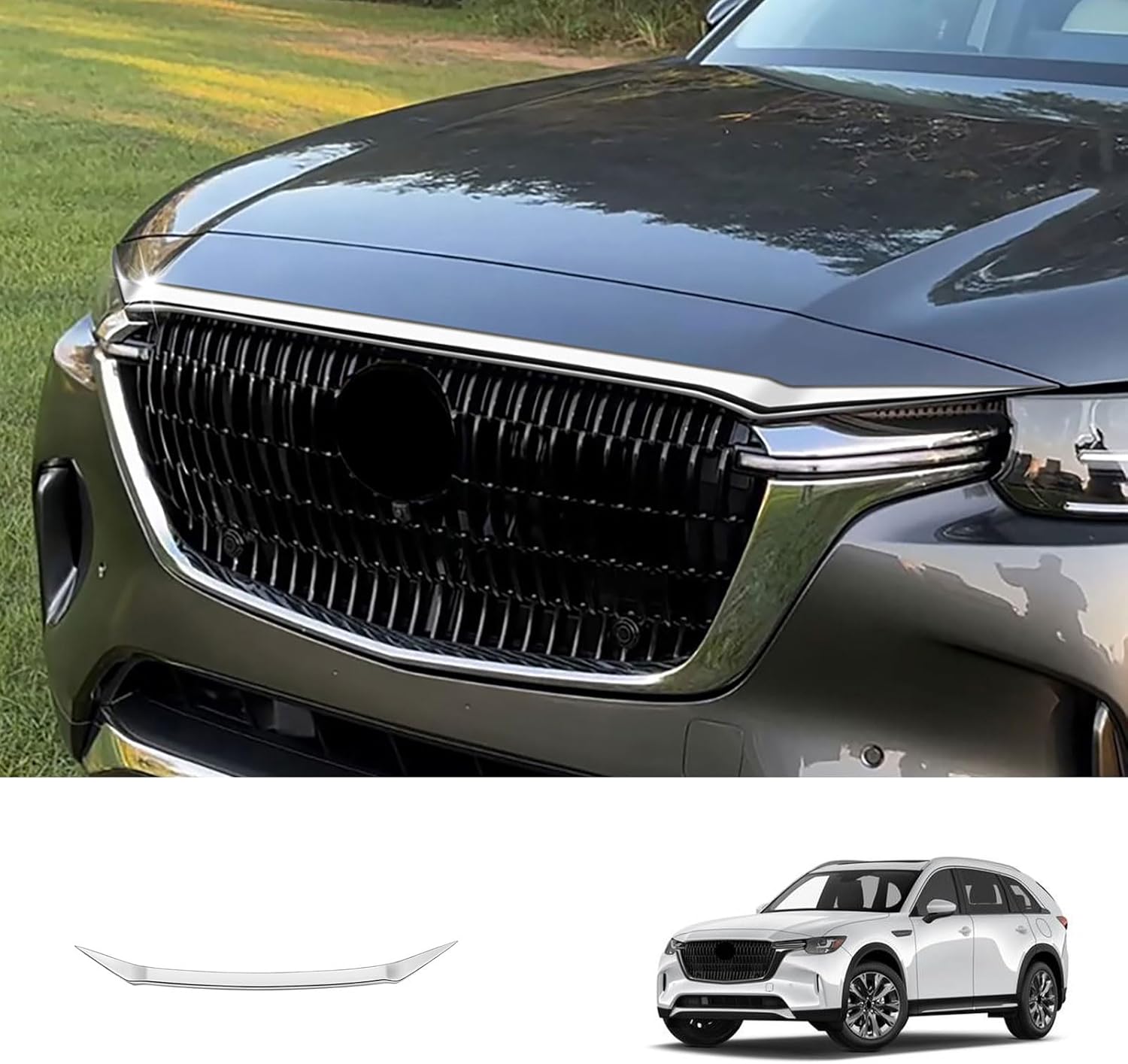 Hood Grille Cover Trim Compatible with Mazda CX-90 2024-2026, ABS Front Bonnet Molding 1PCS, Chrome