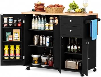 HLR Kitchen Island with Storage, Black Rolling Kitchen Island on Wheels with Drop-Leaf Bar Countertop, Island Table for Kitchen with Side Open Spice Rack and Tower Rack, Extra Storage for Kitchen