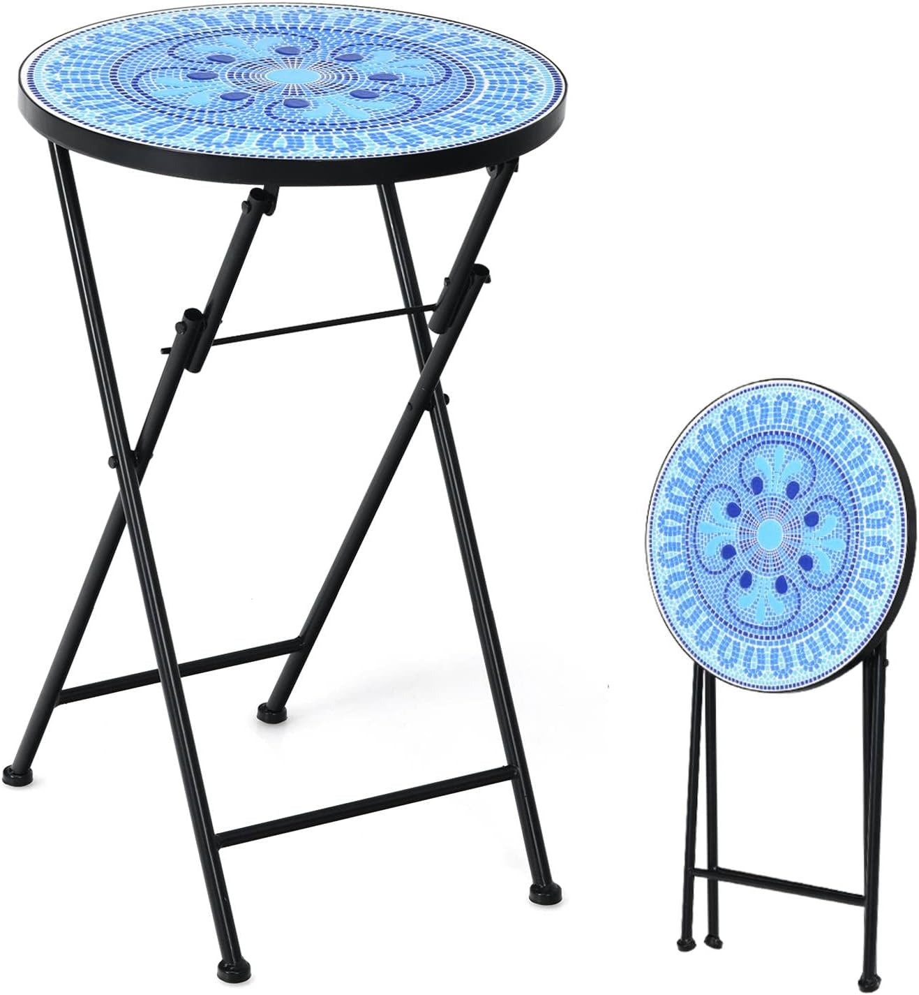 COSTWAY Folding Garden Side Table, 36cm Round Mosaic Bistro Table with Ceramic Tile Top, Indoor Outdoor Small End Coffee Table Plant Stand for Patio Balcony Porch (Folding, Blue Four Leaf Clover)