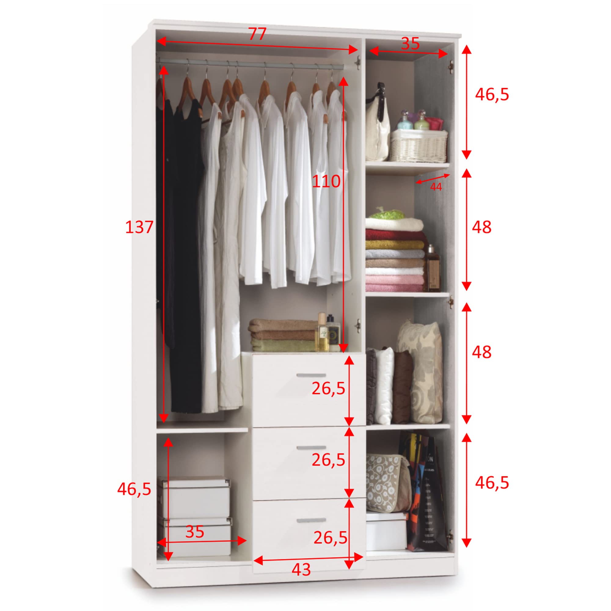 HOMN LIVING Armario ropero Lisa 3 Puertas y 3 Cajones Color Blanco Brillo, 117 cm (Ancho) 52 cm (Profundo) 203 cm (Altura)