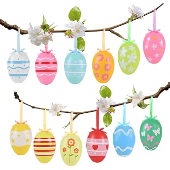 AhfuLife Hanging Easter Eggs Pack of 12/24 Colourful Easter Eggs Plastic with Cord Reusable Easter Decoration Hanging Decoration for Easter Gift Easter Hunt Easter Tree Decoration Home Garden Party Decoration Style 2