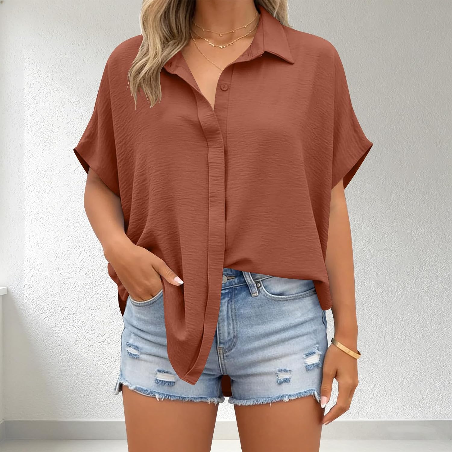 Womens Short Sleeve Shirts Button Down Summer Tops Fashion Dressy Casual T Shirts 2026 V Neck Collared Shirts