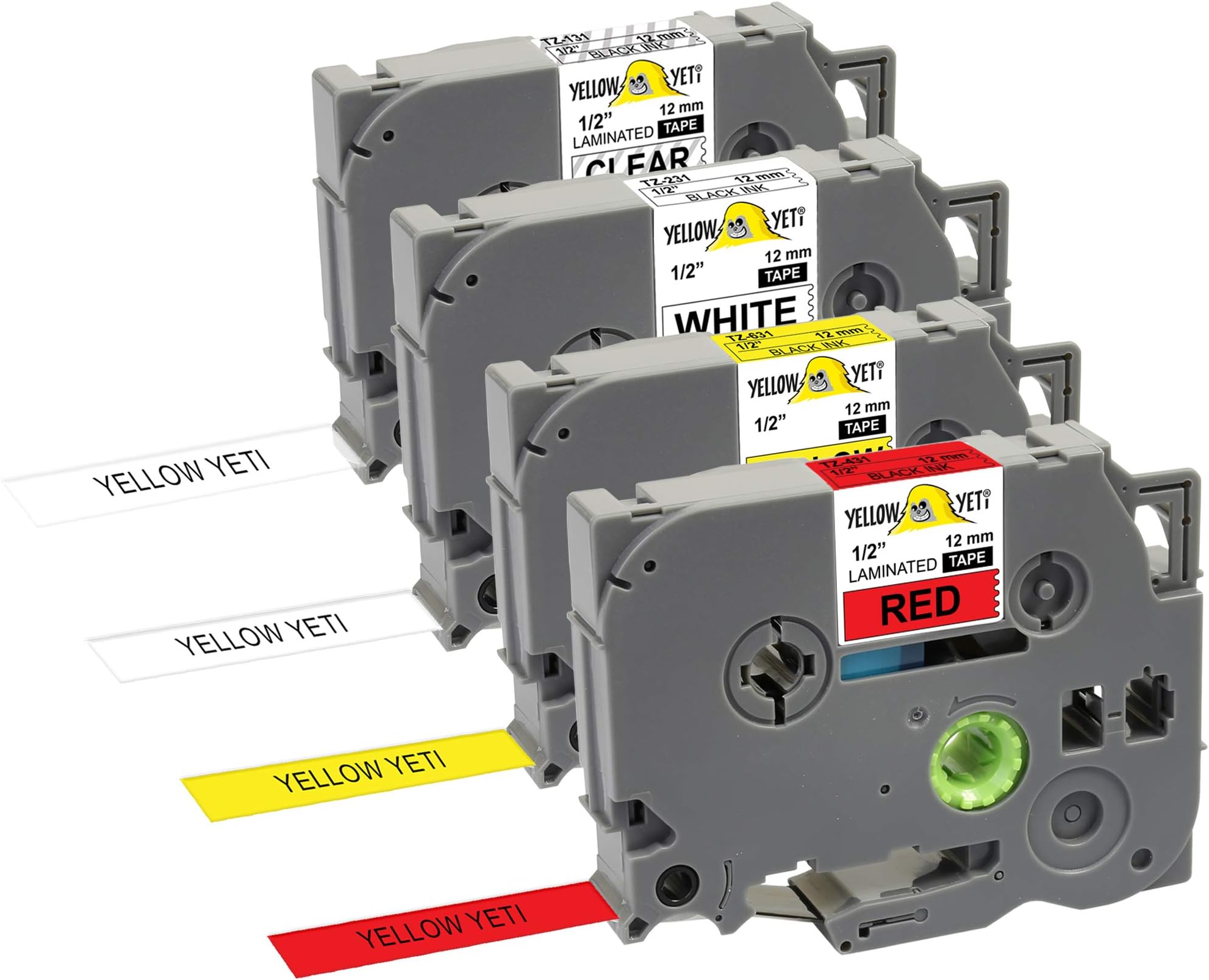 Yellow Yeti 4 Labelling Tape Cassettes TZe-131 TZe-231 TZe-431 TZe-631 12mm x 8m Black on Clear White Red Yellow Laminated Label Tapes Compatible with Label Printing Machines