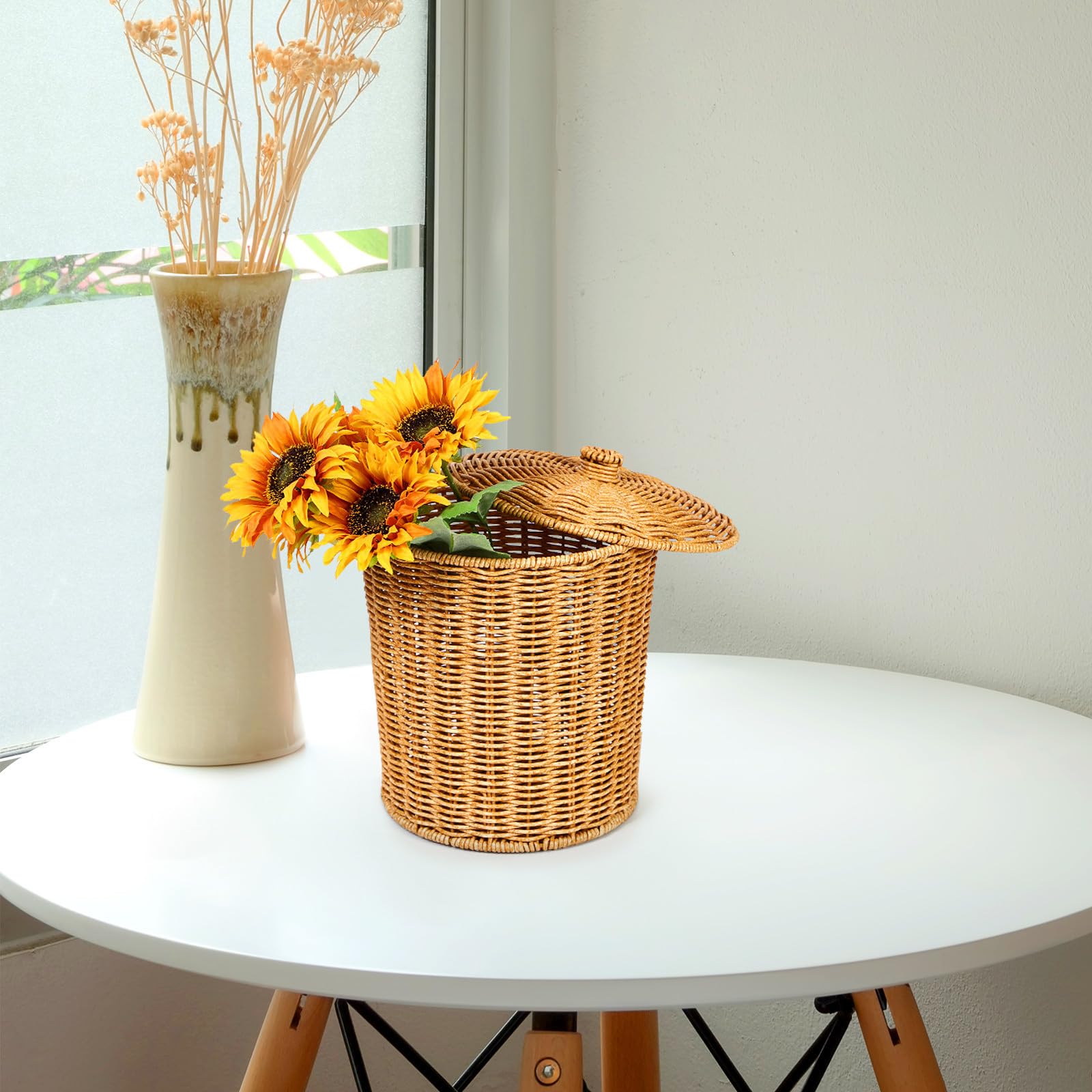 Baul Mimbre Tapa para Almacenamiento en Casa, Cesta de Pp Equilibrio Estable y Diseño que Ahorra Espacio, Adecuado para Dormitorio y Baño