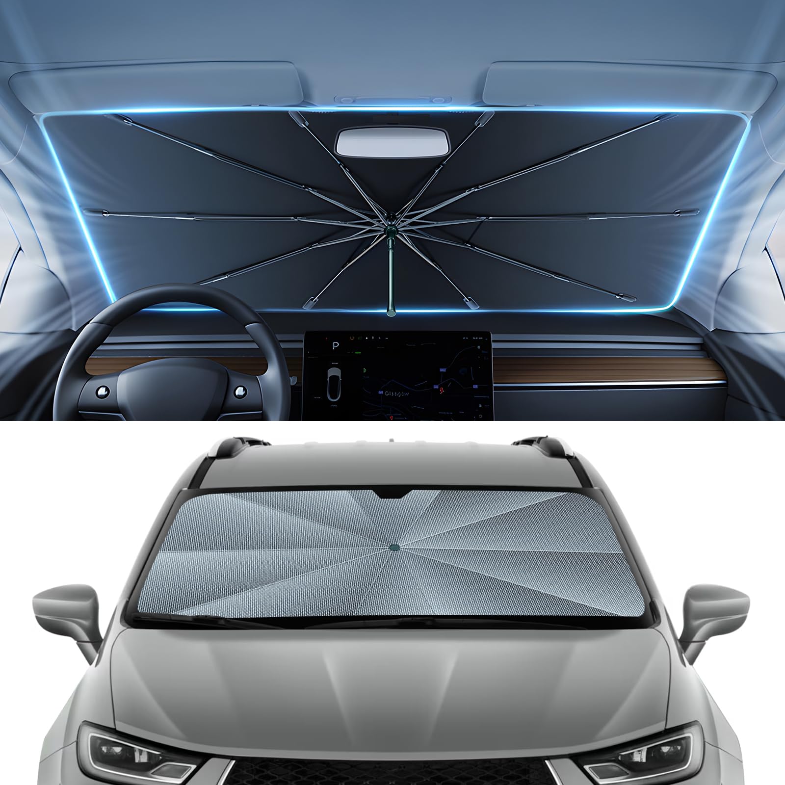 Autorder Windshield Sun Shade Umbrella for 2017-2025 2026 Chrysler Pacifica Minivan Accessories,Upgraded Ice Crystal Material,Easy Setup Umbrella Sunshade for Car Windshield,100% Sun Blocking