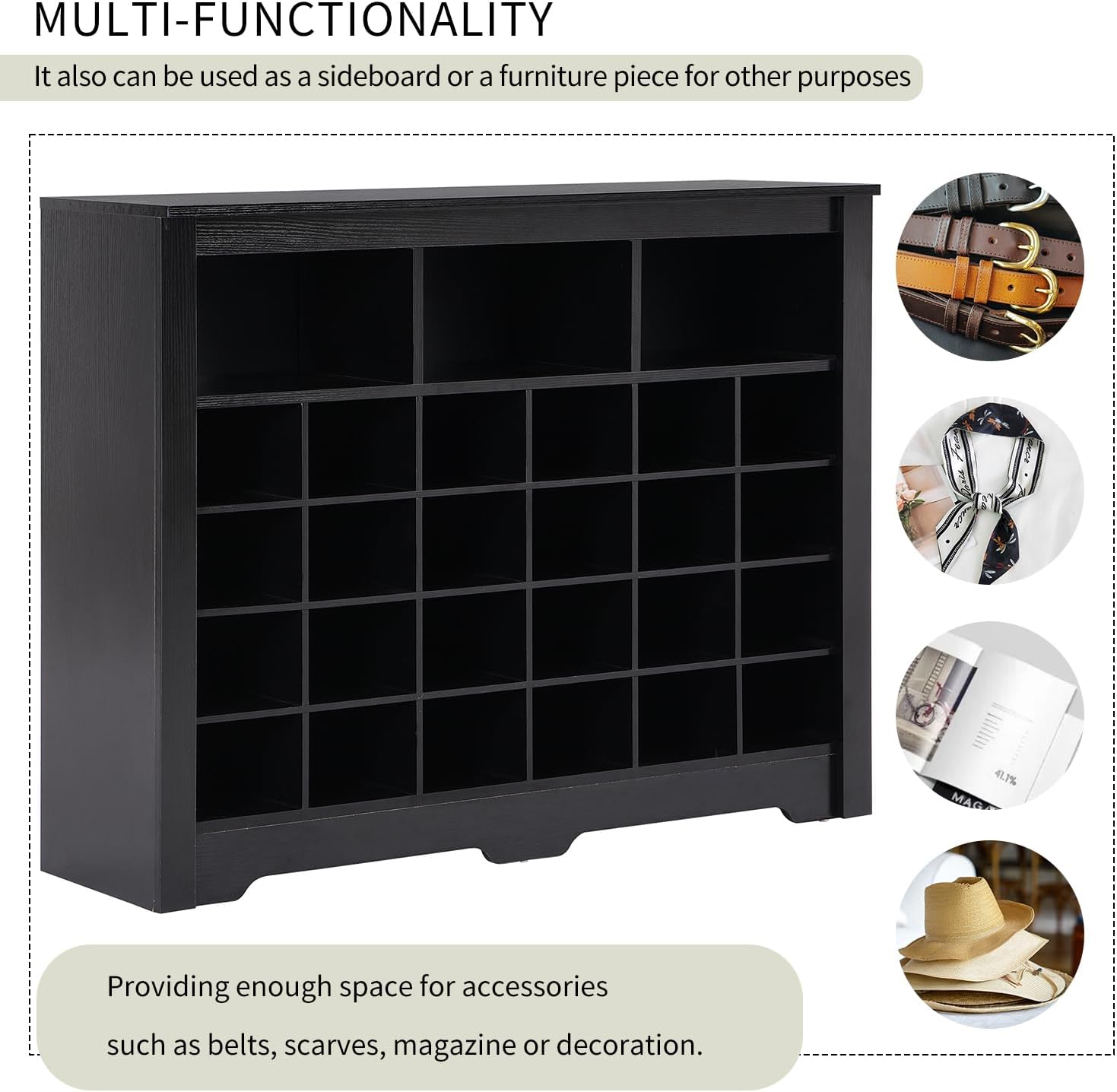 Merax Sleek Design 24 Shoe Cubby Console, Modern Storage Cabinet with Curved Base, Versatile Sideboard for Hallway, Bedroom, Living Room, Black