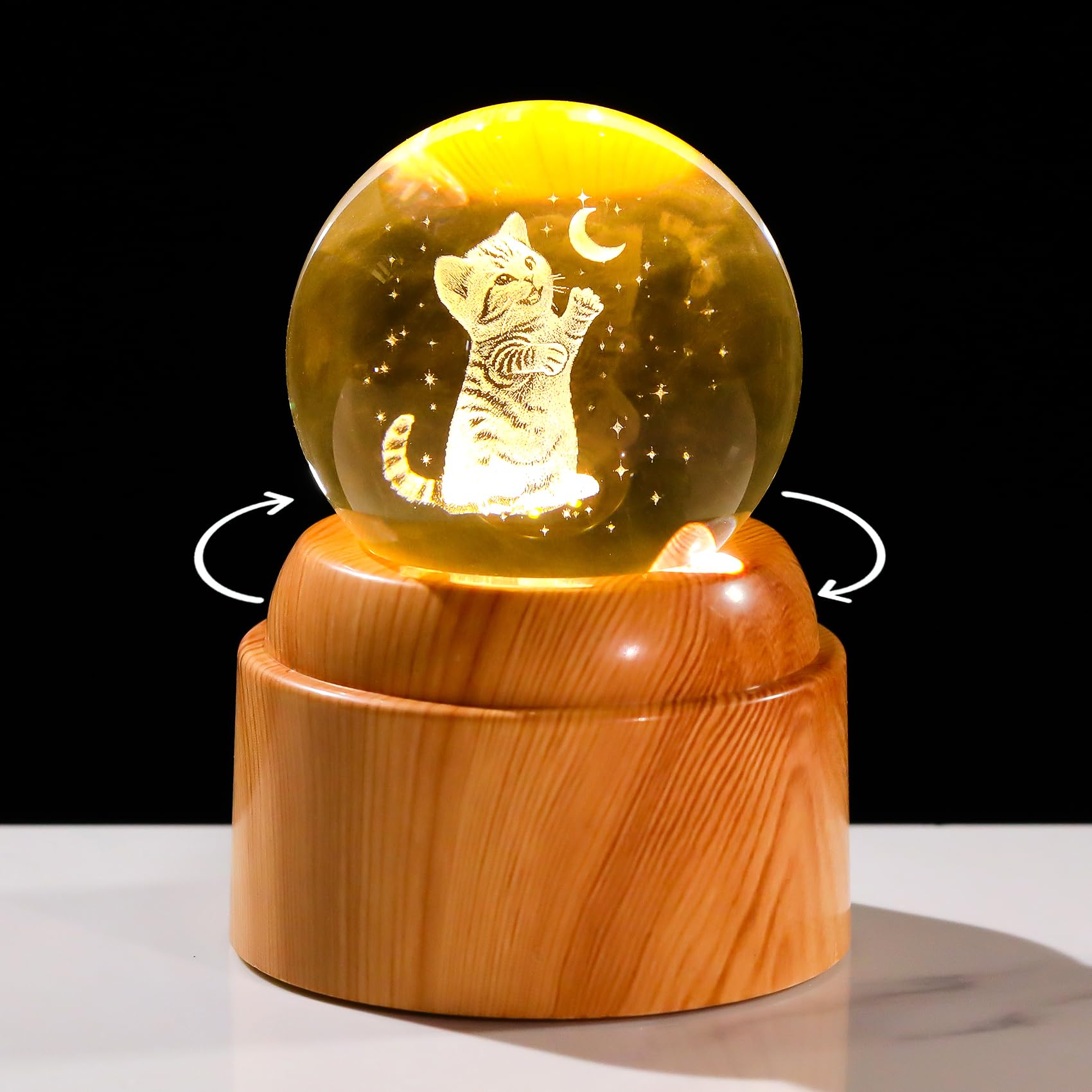 Arikyrist 6cm 3D Cat K9 Crystal Ball with LED Rotatable Base Glass Sphere Laser Engraved Cat and Moon Star Collectible Kitty Paperweight Gifts for Cats Lovers Women