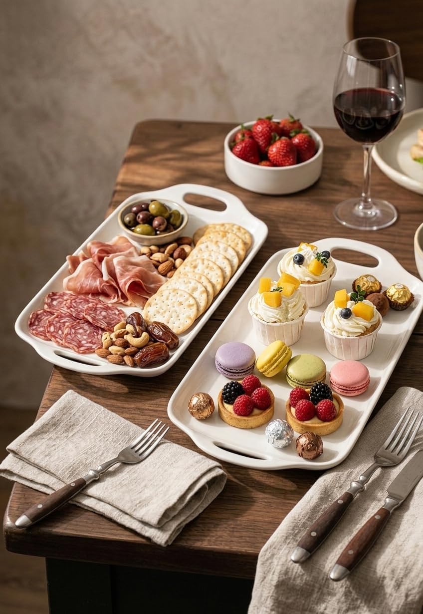 Dizada Serving Tray with Handles 16"x9.5" - White Porcelain Platters 3-Pack, Large Rectangular Serving Platters for Party, Entertaining, Fruit, Turkey, Dessert