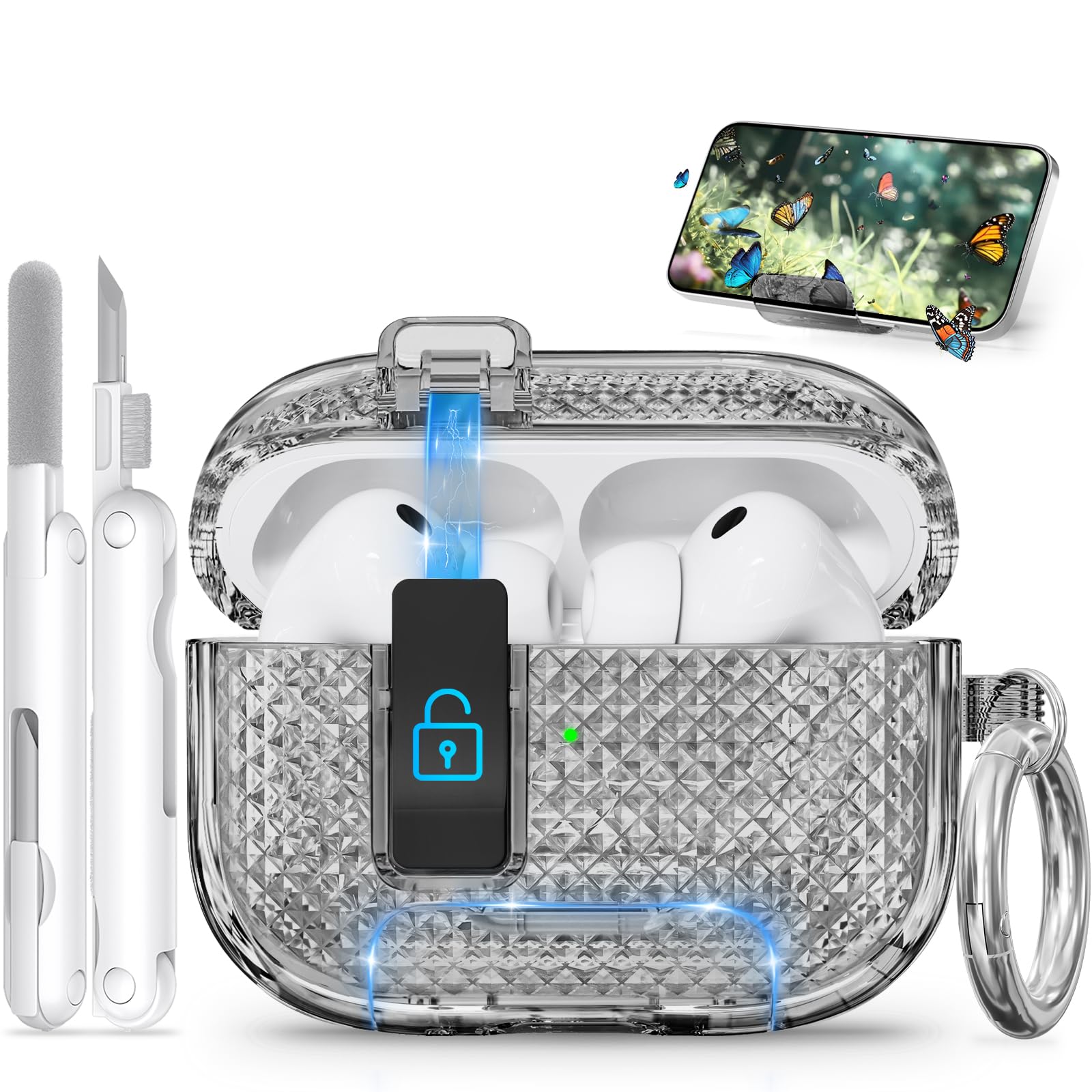 for AirPods Pro 3 Case with Phone Stand &amp; Secure Lock, Auto-Open Clear Case Cover Compatible with Apple AirPods Pro 3rd Generation with Cleaning Kit &amp; Keychain