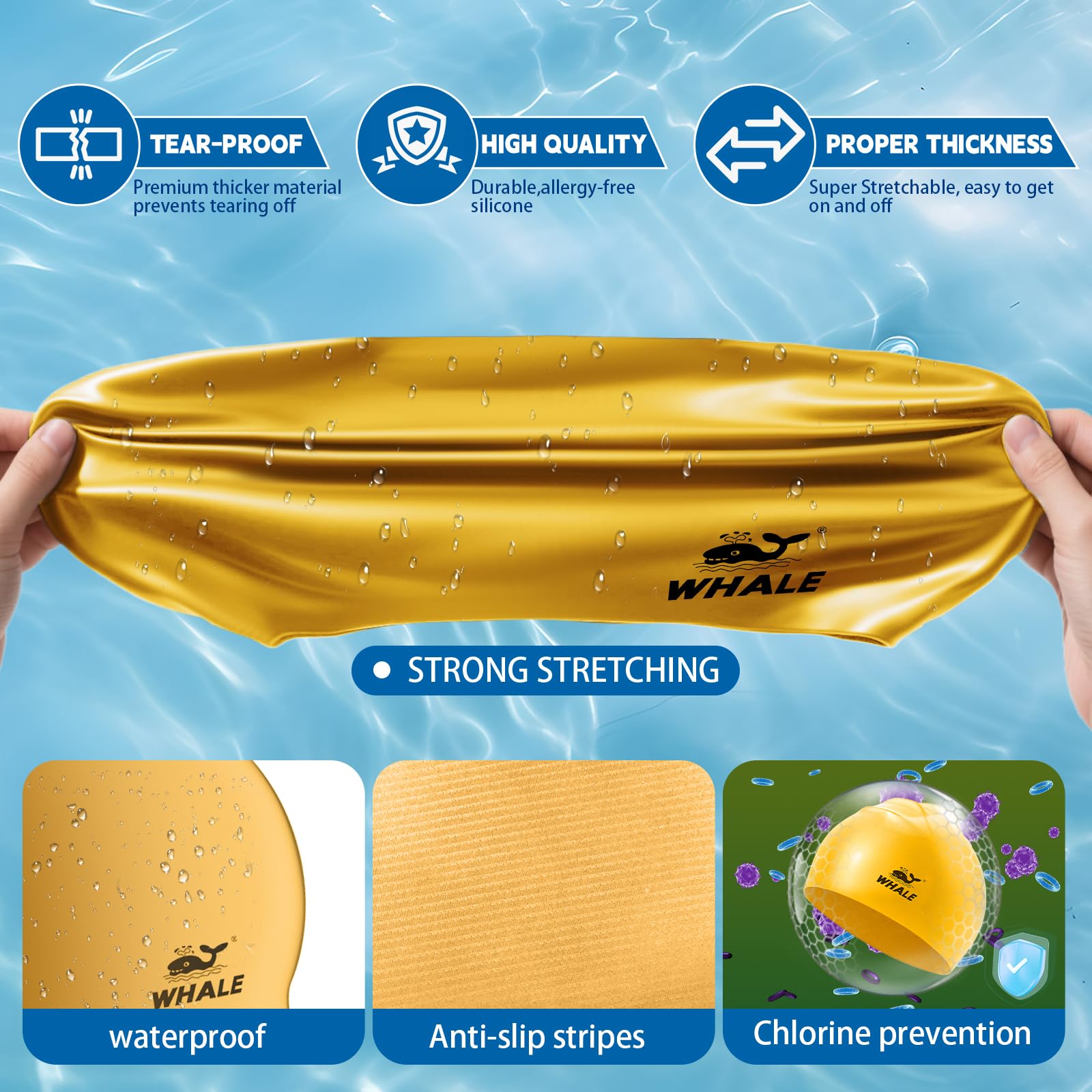 WHALE Bonnet de bain en silicone imperméable, avec protection des oreilles, antidérapant, haute élasticité, garde les cheveux au sec, unisexe, grande taille, convient aux cheveux longs, bouclés et