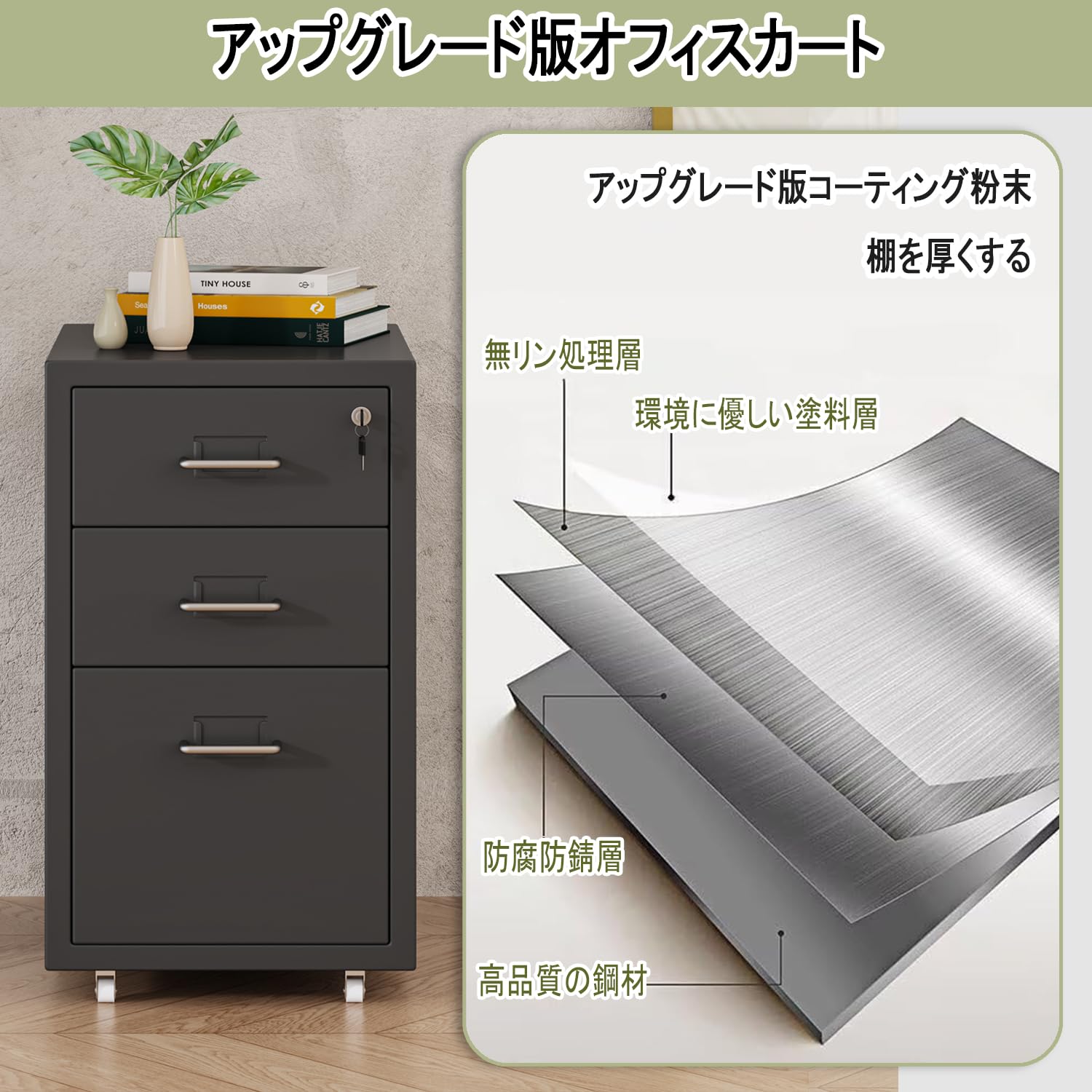 Amazon.co.jp: デスクワゴン 3段 鍵付きキャスター付き 収納 スチール 