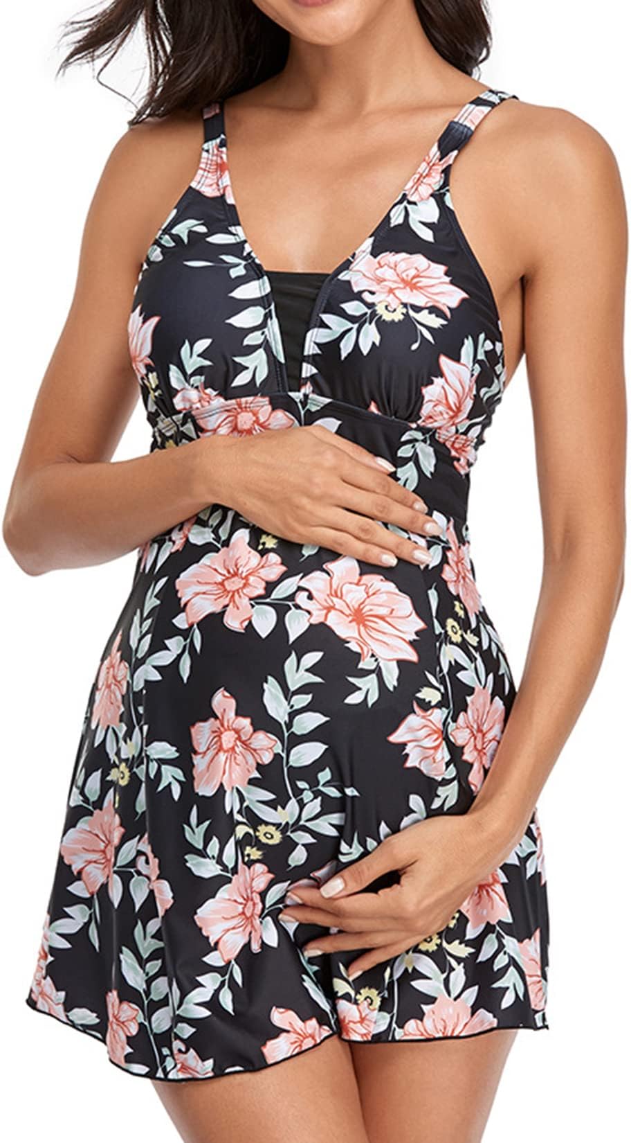 Lu's Chic Women's Maternity Swim Dress 2 Piece Long Tankini Top & Shorts Flowy Swimsuit Bathing Suit with Skirt