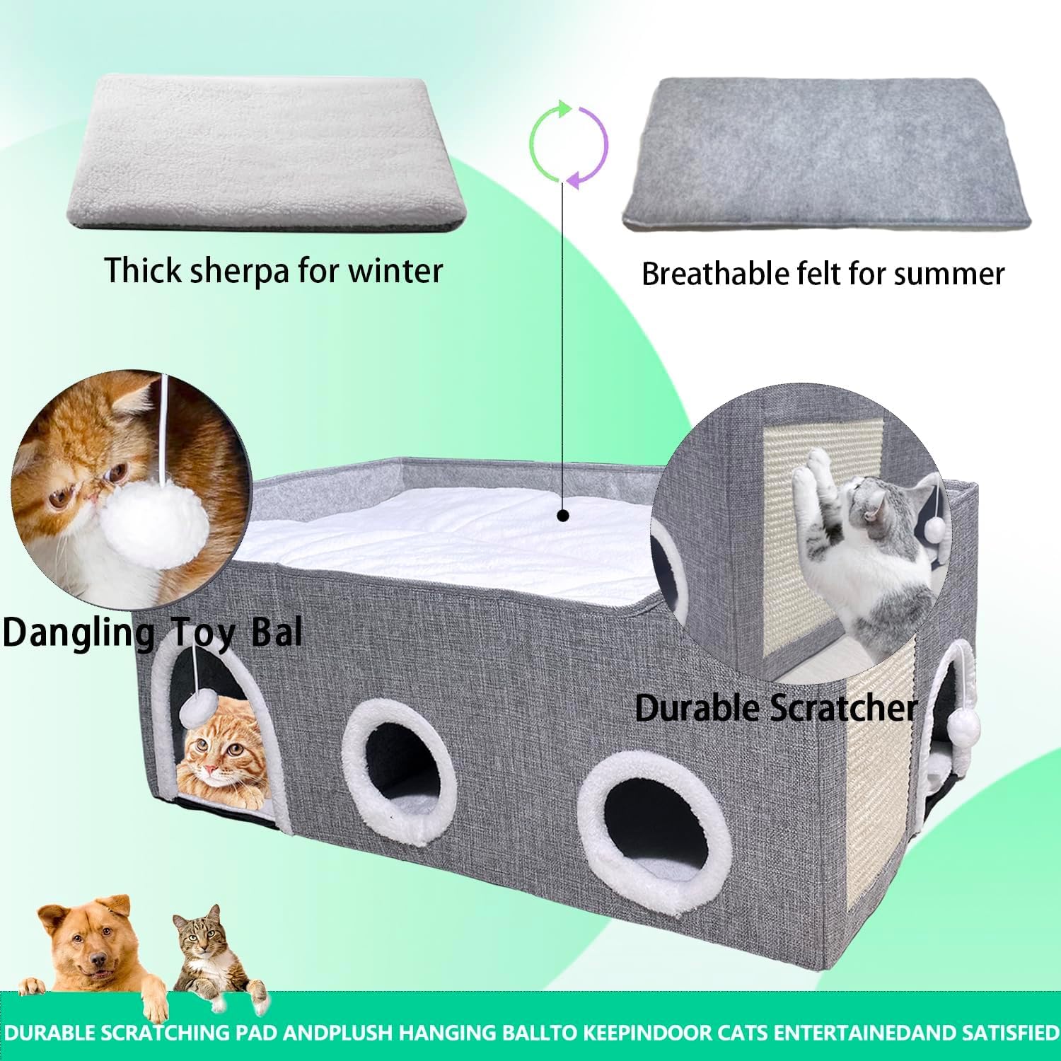Large Cat House for Indoor Cats, Cat Cave Bed for Large Pet Cats, Foldable Cat Hideaway with Scratch Pad, Covered Cat Bed (grey, XXL)