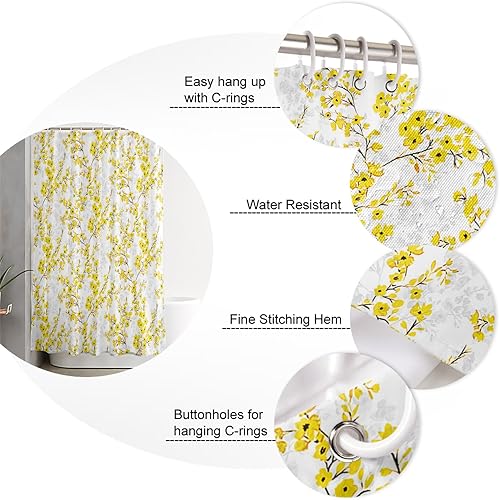 Miniatura 5 de Cortinas de ducha florales para baño, estilo acuarela, flores amarillas y grises, juego de cortinas de ducha de tela impermeable con 12 ganchos,