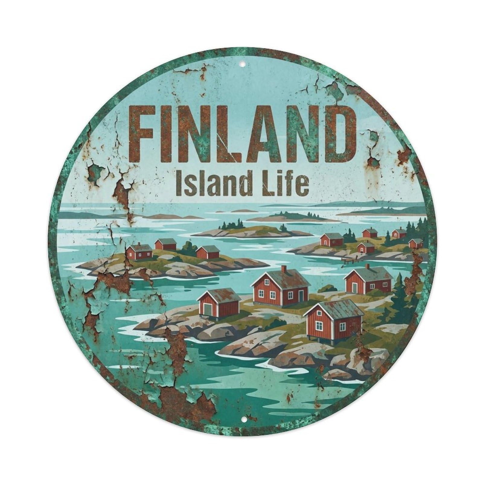 Vintage Travel Finland Archipelago Metal Tin Sign Plaque Wall Decor for Cafe, Club, Garden Round Metal Poster 8x8Inch