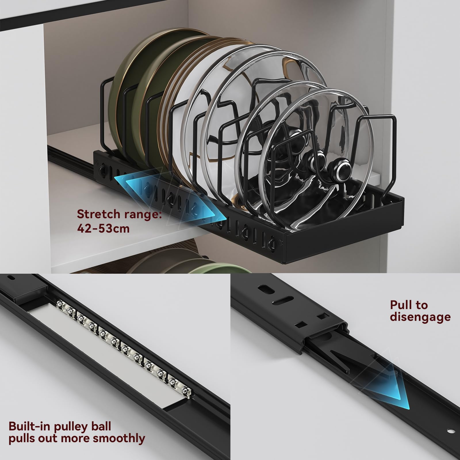 Organizador de tapas de ollas, organizador de ollas y sartenes extraíbles, soporte para tapa de ollas debajo del gabinete para cocina, almacenamiento de ollas y sartenes con 8 separadores ajustables