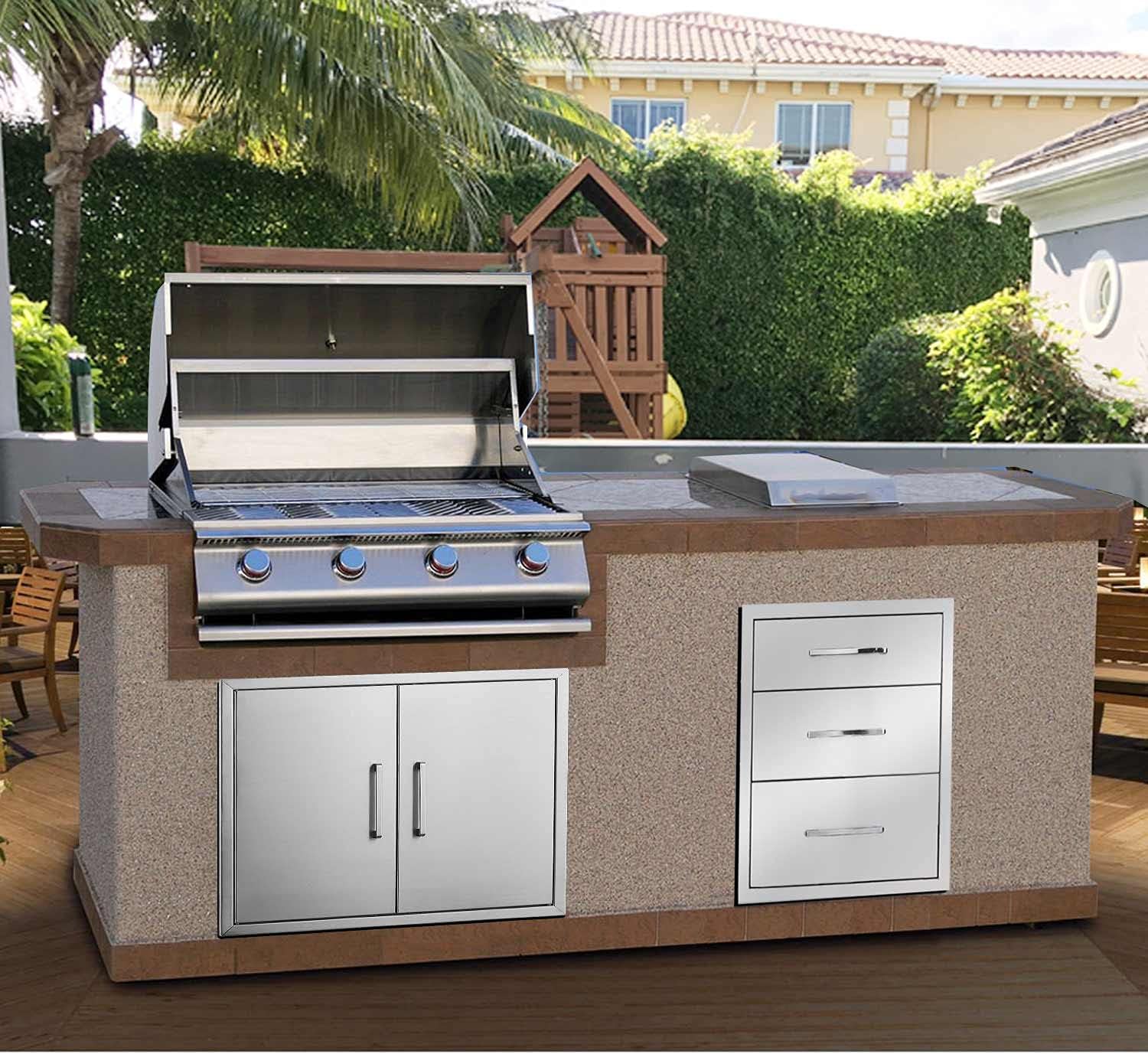 TIANAI Outdoor Kitchen Drawer 14" W x 20-1/2"H x 23" D Stainless Steel BBQ Drawer with Exquisite Handle Three-Opening Drawer for Embedded Installation