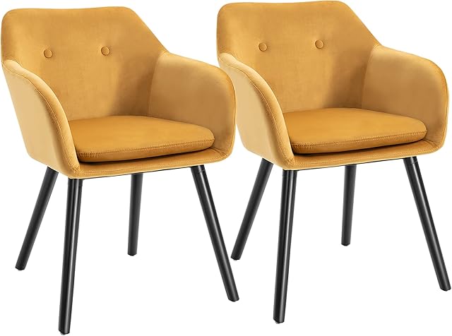 HOMCOM Dining Chairs Set of 2 Modern Upholstered Fabric Velvet-Touch Leisure Chairs with Backrest and Armrests, Lounge Reception Chairs for Home Office Kitchen Counter, Yellow