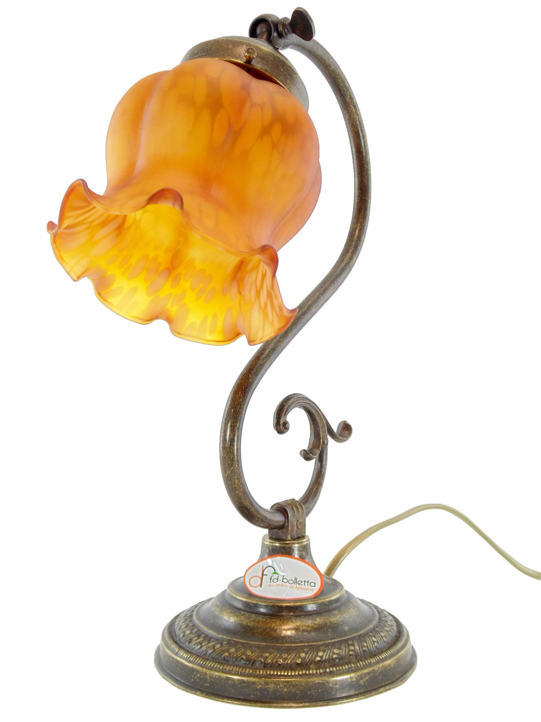 Lampada ottone da comodino,tavolo,scrivania,illuminazione per interni con paralume vetro giallo s31 Misure: H 32cm, Ø paralume 11cm, Ø base 13cm