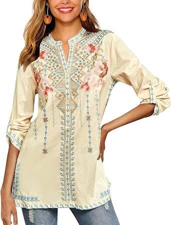 Higustar Mexican Embroidered Tops for Women Long Sleeve Shirts Bohemian Flower Peasant Tunics clothing Boho Blouse Apricot