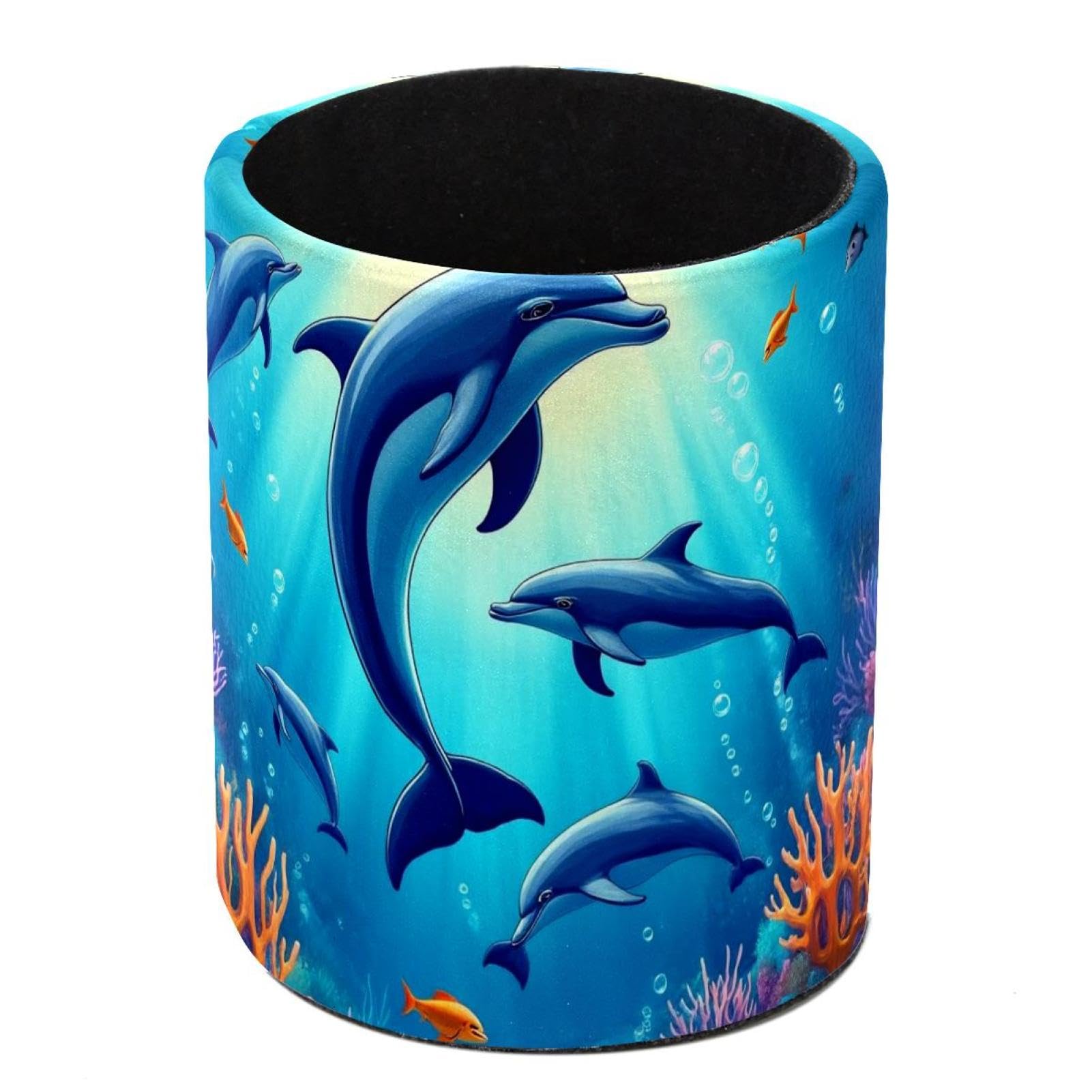HEOEH Underwater Dolphins Pen Holder for Desk, PU Leather Pencil Holder Pen Cup Marker Holder Makeup Brush Holders, Desk Accessories & Workspace Organizers for Home, Office