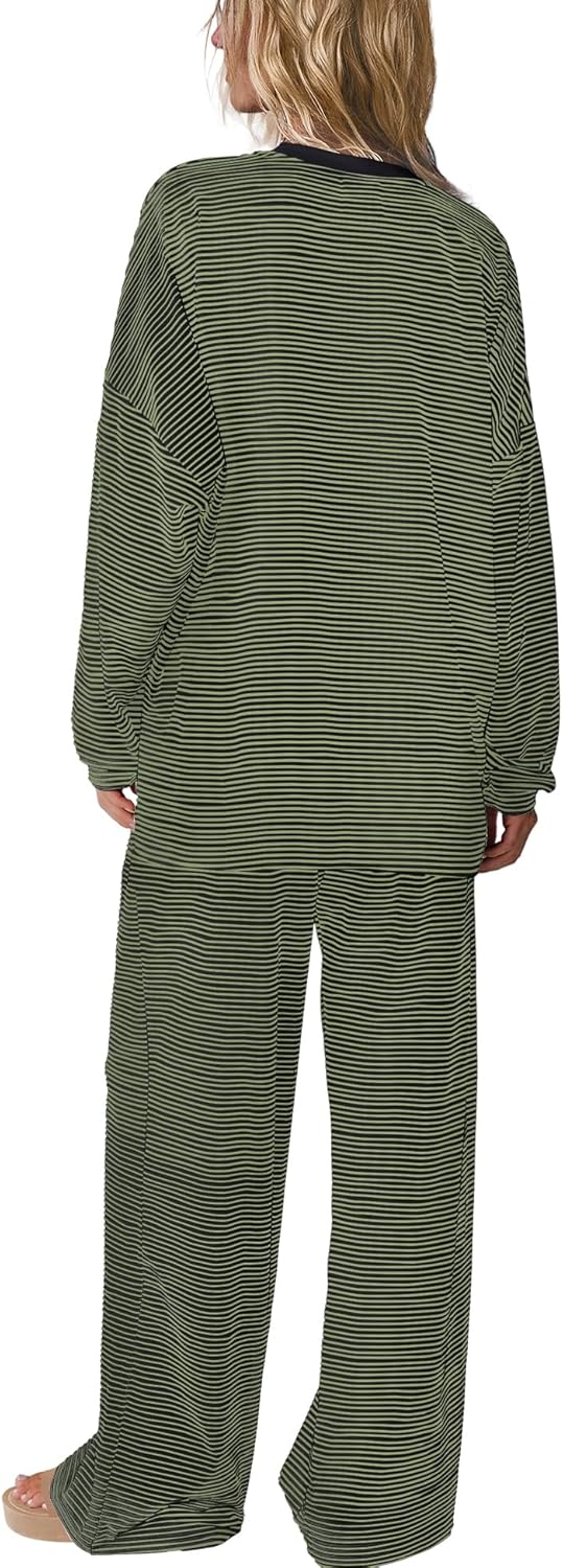 SENSERISE Womens Striped Lounge Set 2 Piece Outfits Fall Matching Pajama Sets Long Sleeve Striped Shirt Wide Leg Pants - Image 4