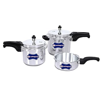Cutting EDGE Induction Base Inner Lid Aluminum Gas & Induction Compatible Pressure Cooker Combo (2L, 3L, 5L, Silver) - Set of 3