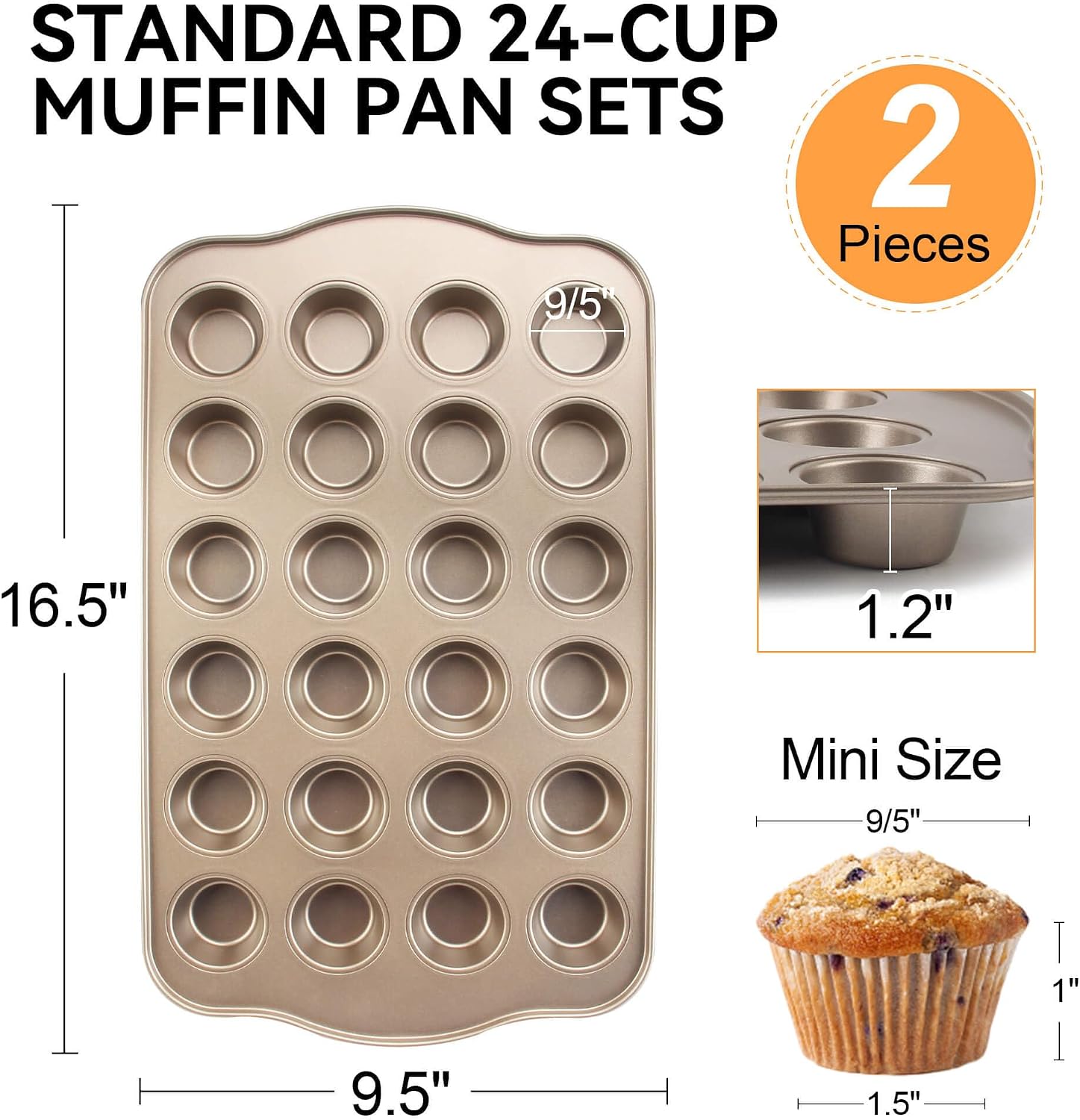 Cupcake Pan Nonstick 2 Pack (Gold, Mini 24 cup)