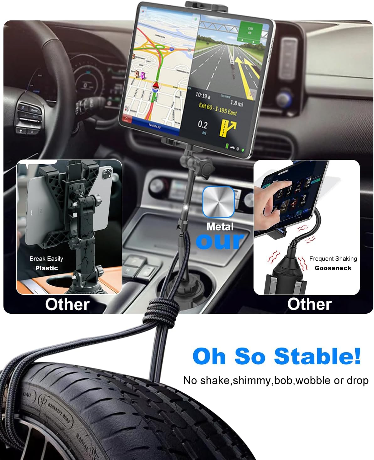 Heavy Duty Metal Cup Holder Tablet Car Mount, One-Touch Adjustment Magic Arm Cup Holder Tablet Mount for Cars, SUVs, Trucks, Compatible with iPad Pro Air Mini, iPhone, Z Fold, 4-13" Devices