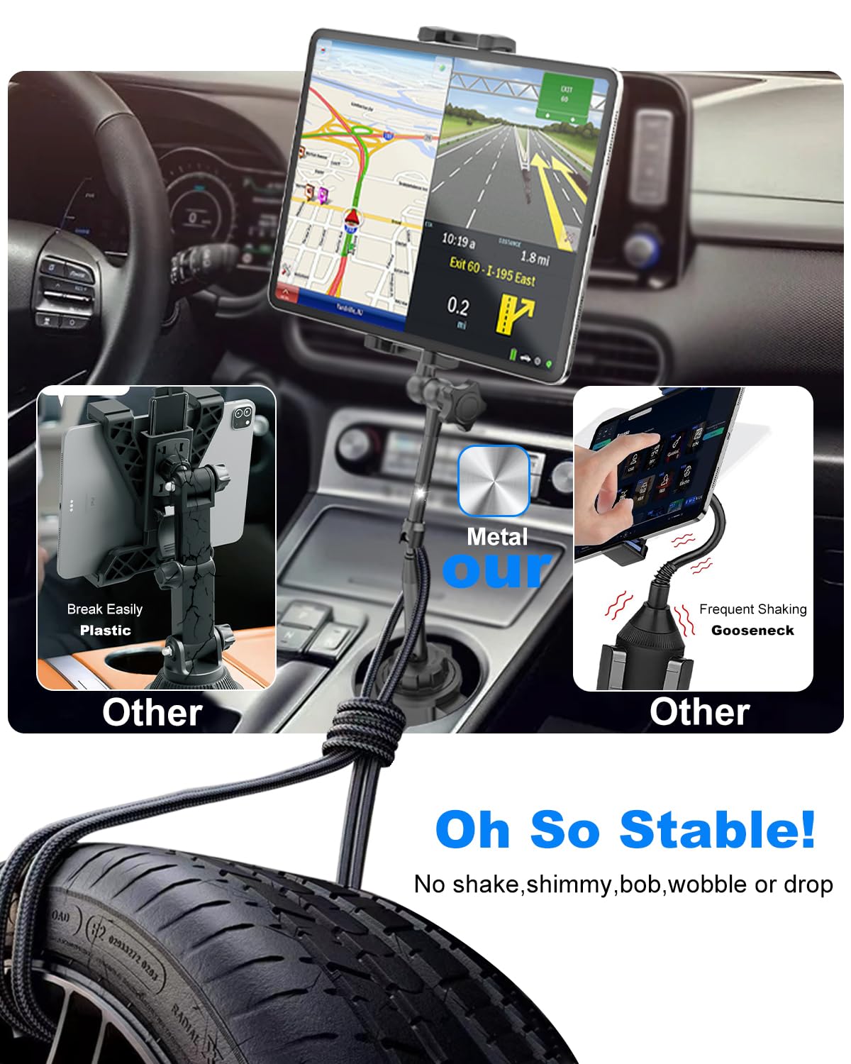 Supporto Tablet Auto da Portabicchiere con Braccio Metallico Regolabile, Compatibile con iPad Pro Air Mini, iPhone, Galaxy Z Fold e Dispositivi da 4-13 Pollici, per SUV e Camion